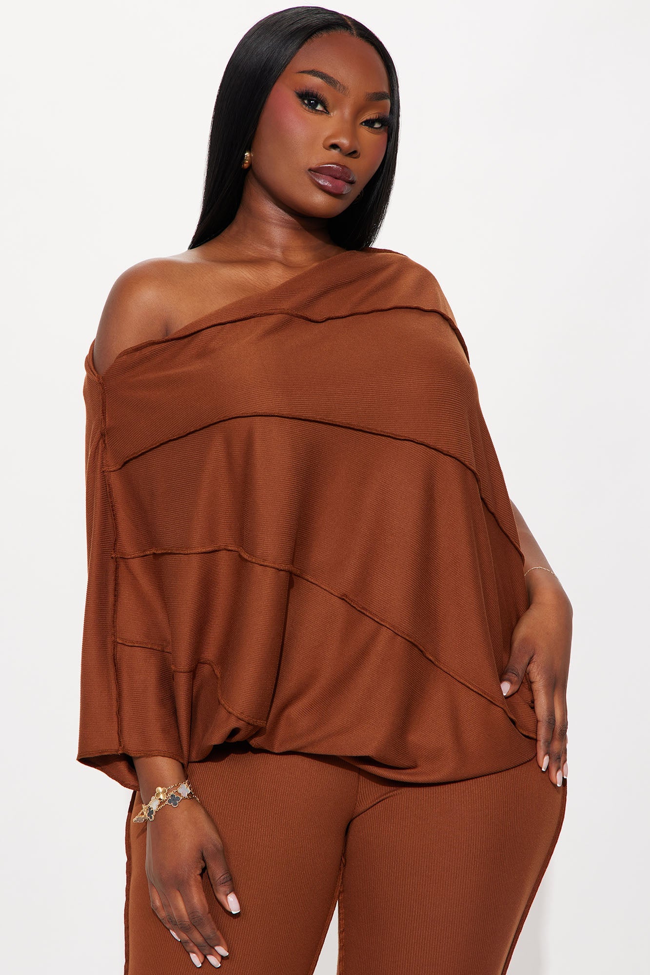 Becca Off Shoulder Ribbed Pant Set - Mocha