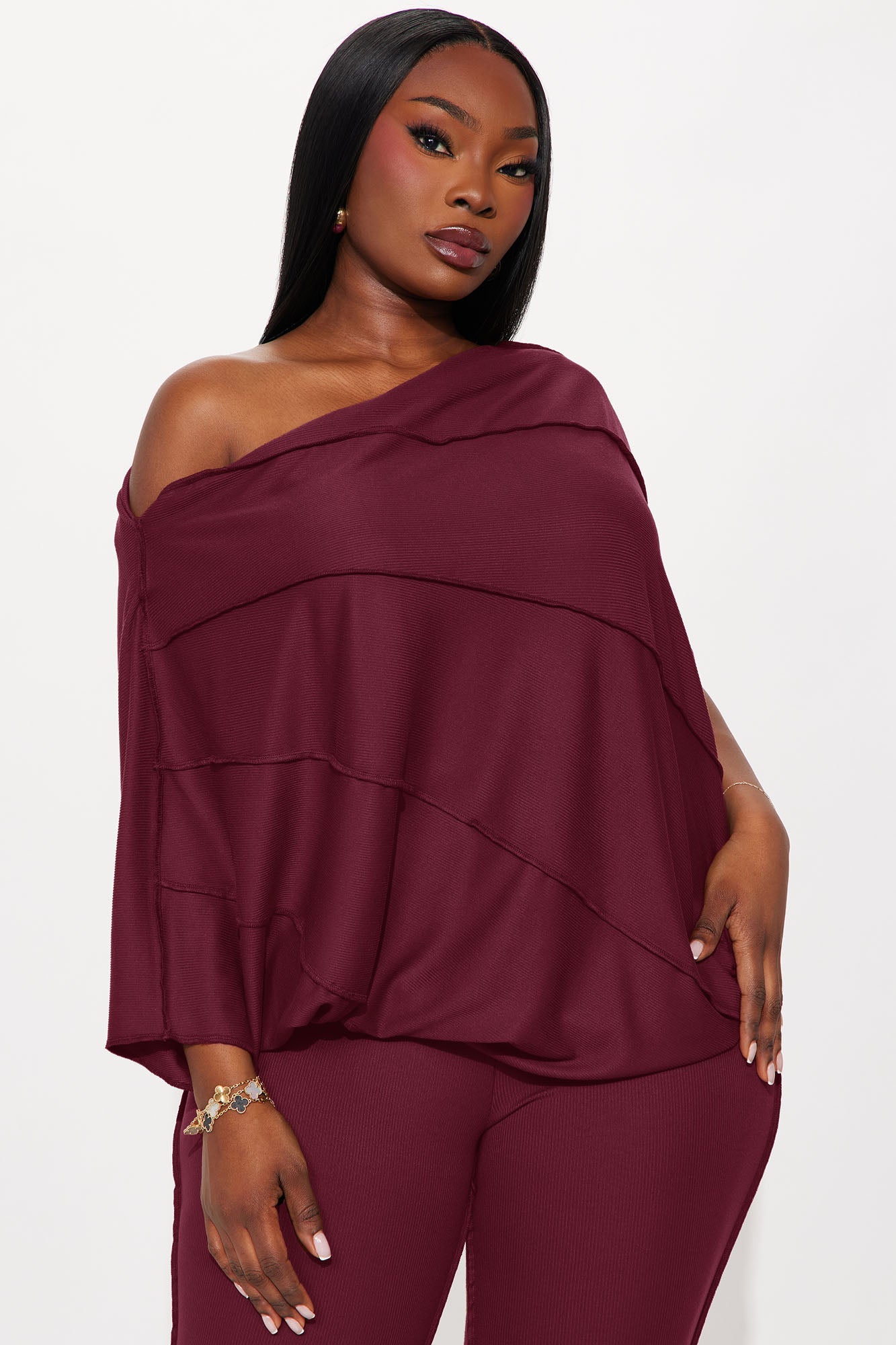 Becca Off Shoulder Ribbed Pant Set - Burgundy