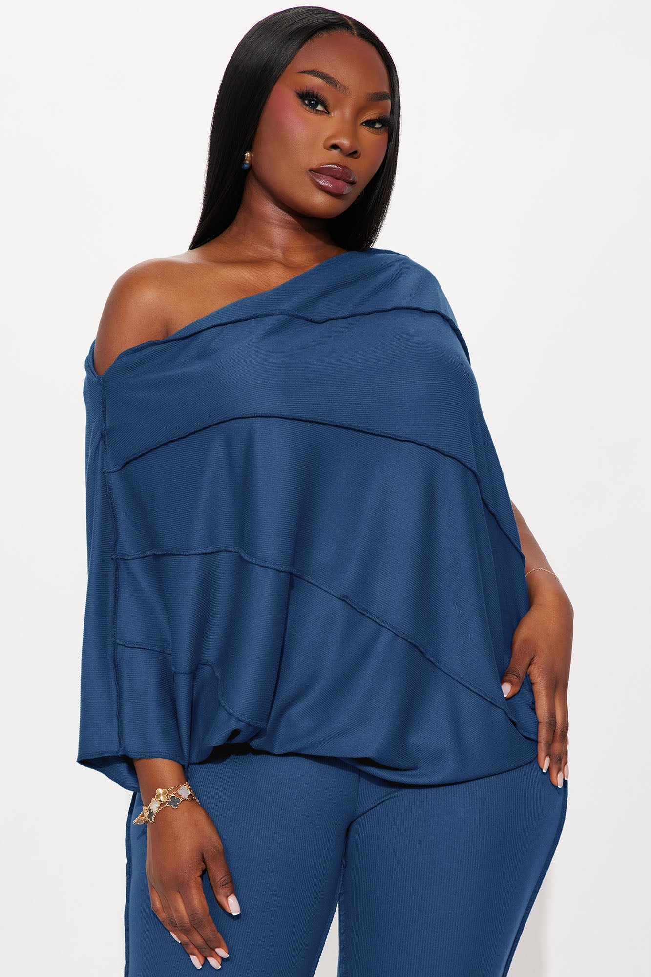 Becca Off Shoulder Ribbed Pant Set - Denim