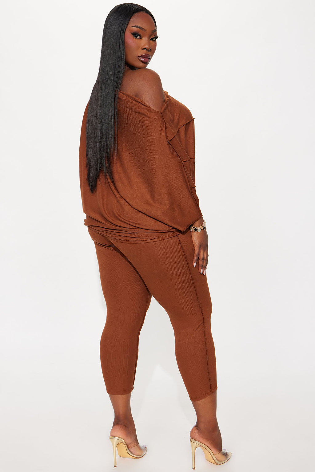 Becca Off Shoulder Ribbed Pant Set - Mocha