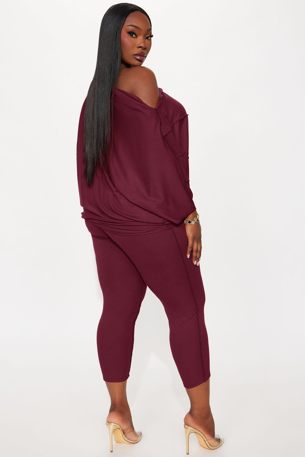 Becca Off Shoulder Ribbed Pant Set - Burgundy