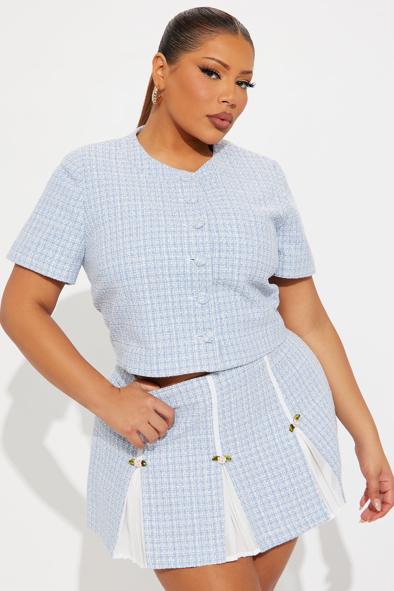 Let's have Tea Tweed Cropped Short Sleeve Blazer - Light Blue