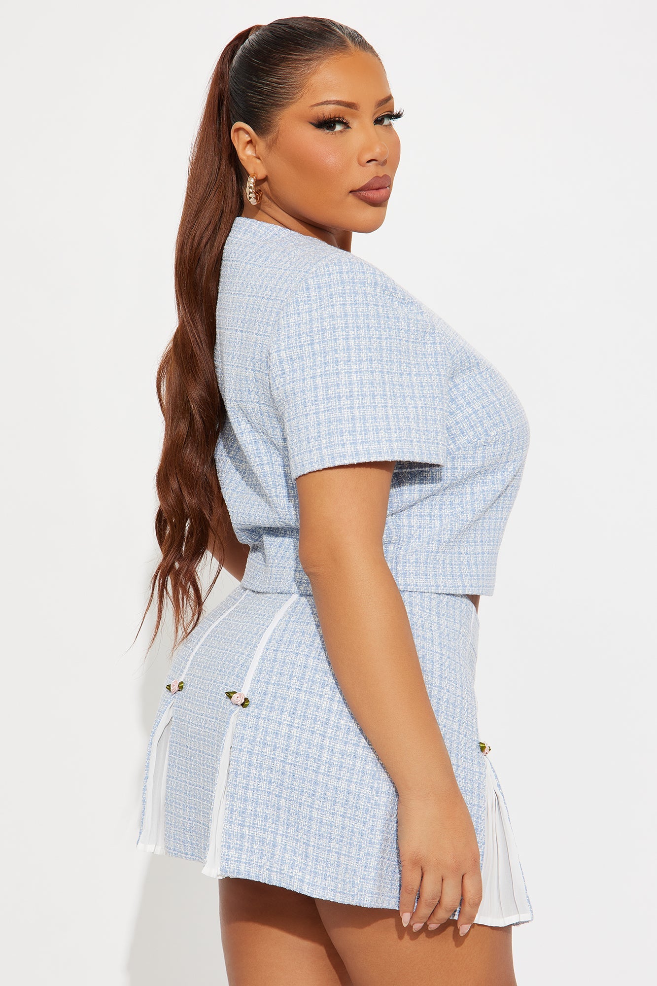 Let's have Tea Tweed Cropped Short Sleeve Blazer - Light Blue