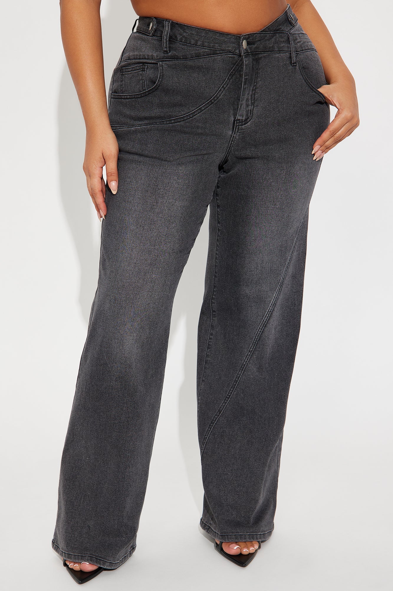 Best Angle Waistband Tab Wide Leg Jeans - Black Wash