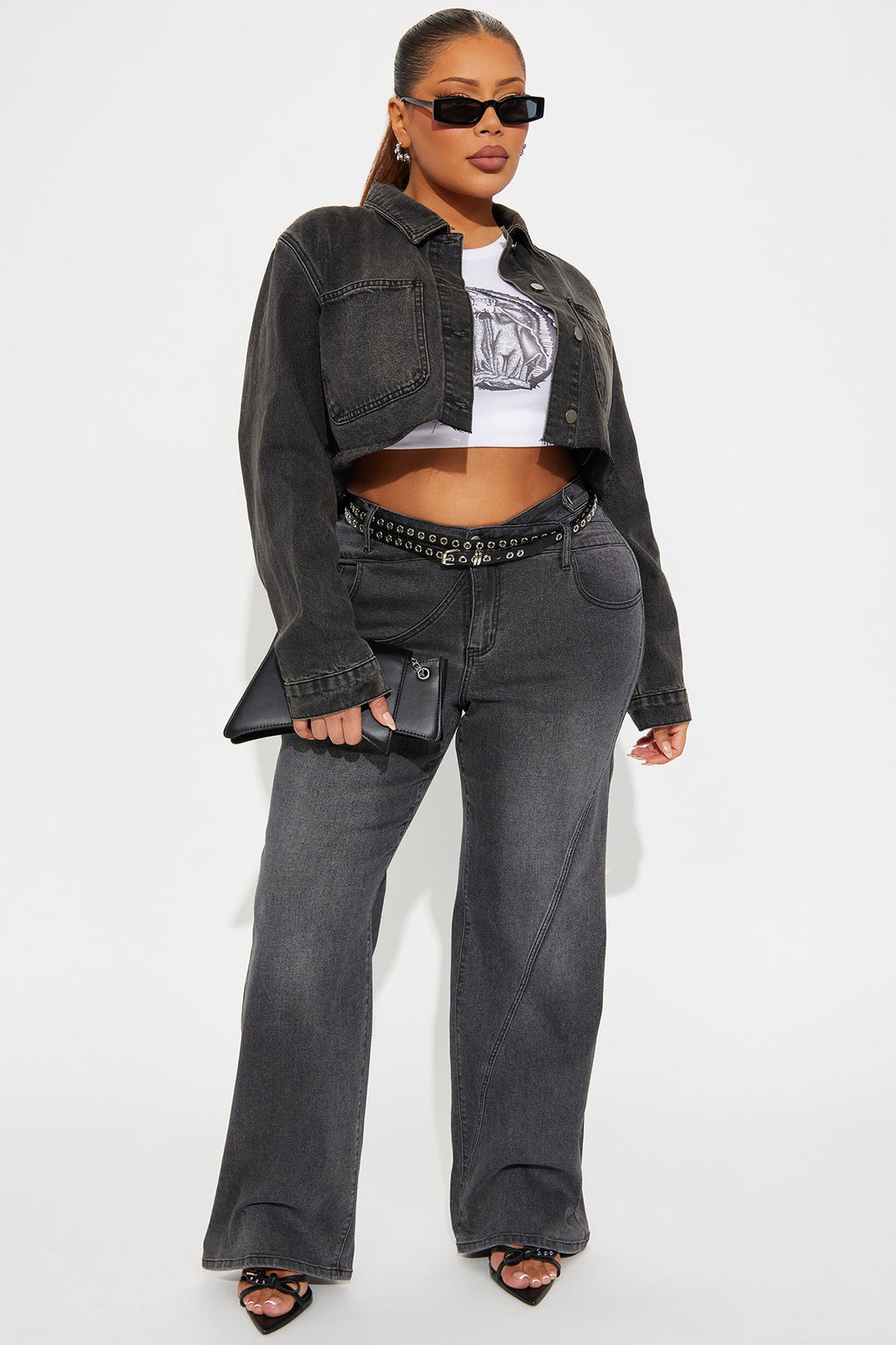 Best Angle Waistband Tab Wide Leg Jeans - Black Wash