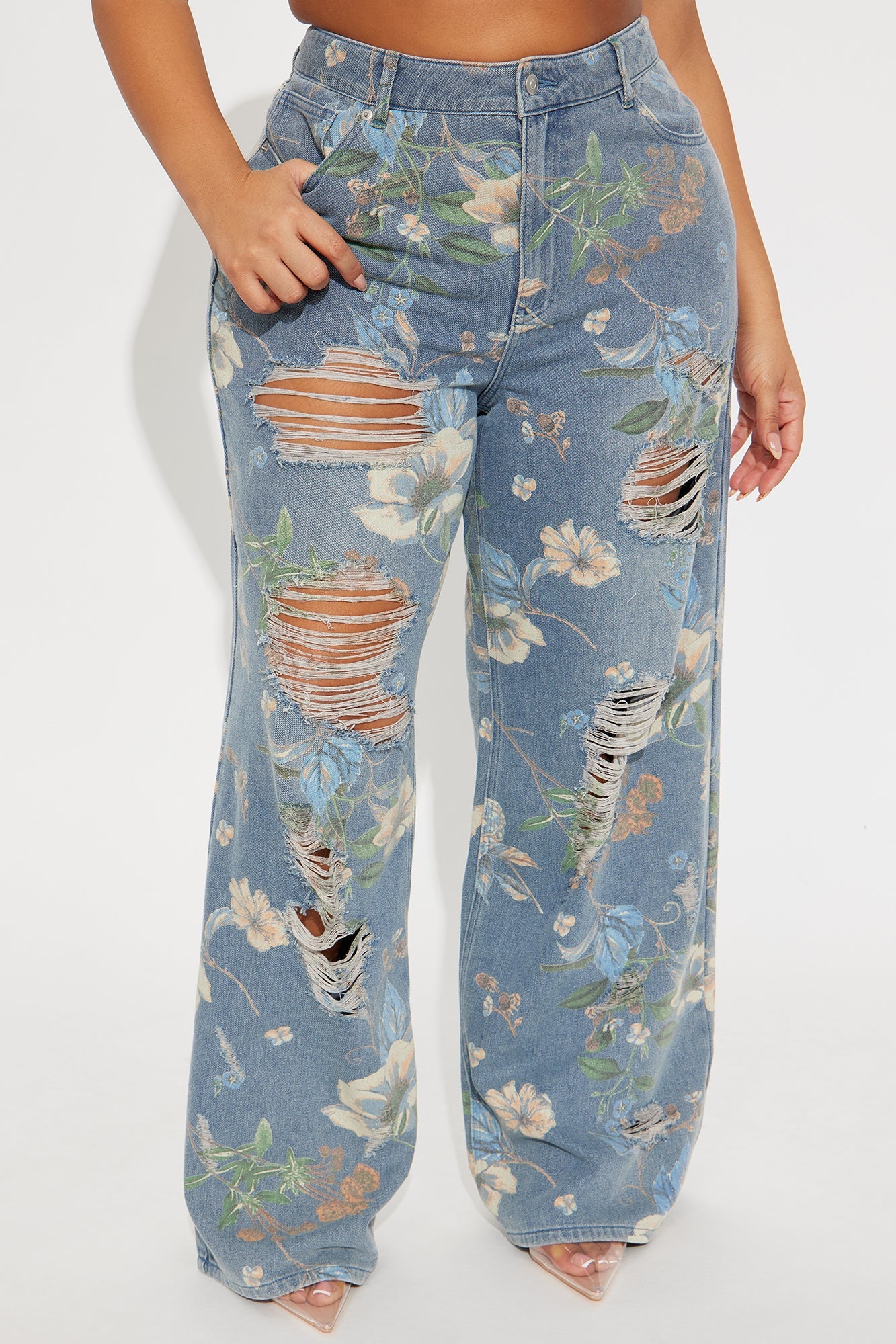 Blooming Love Floral Ripped Wide Leg Jeans - Medium Wash