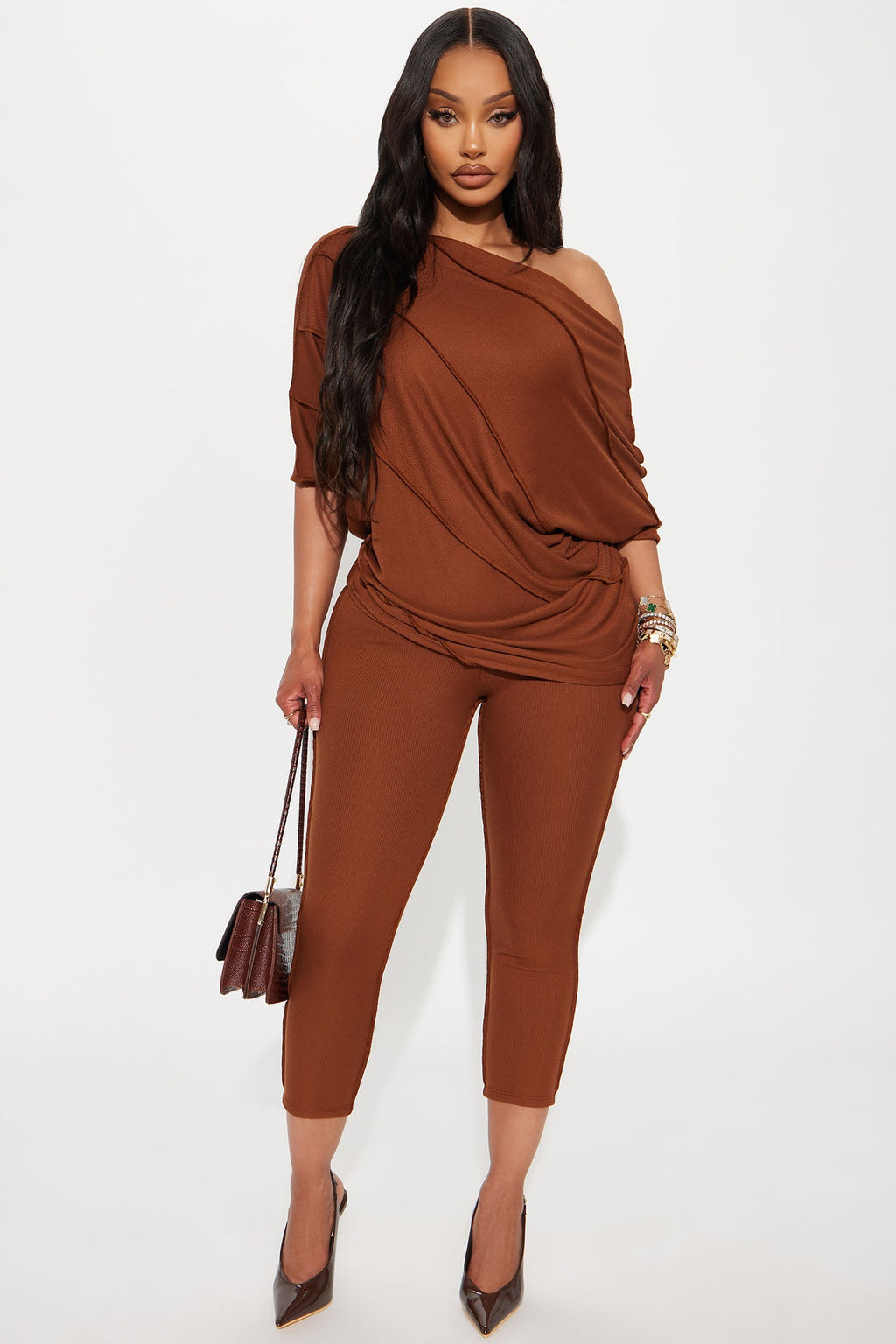 Becca Off Shoulder Ribbed Pant Set - Mocha