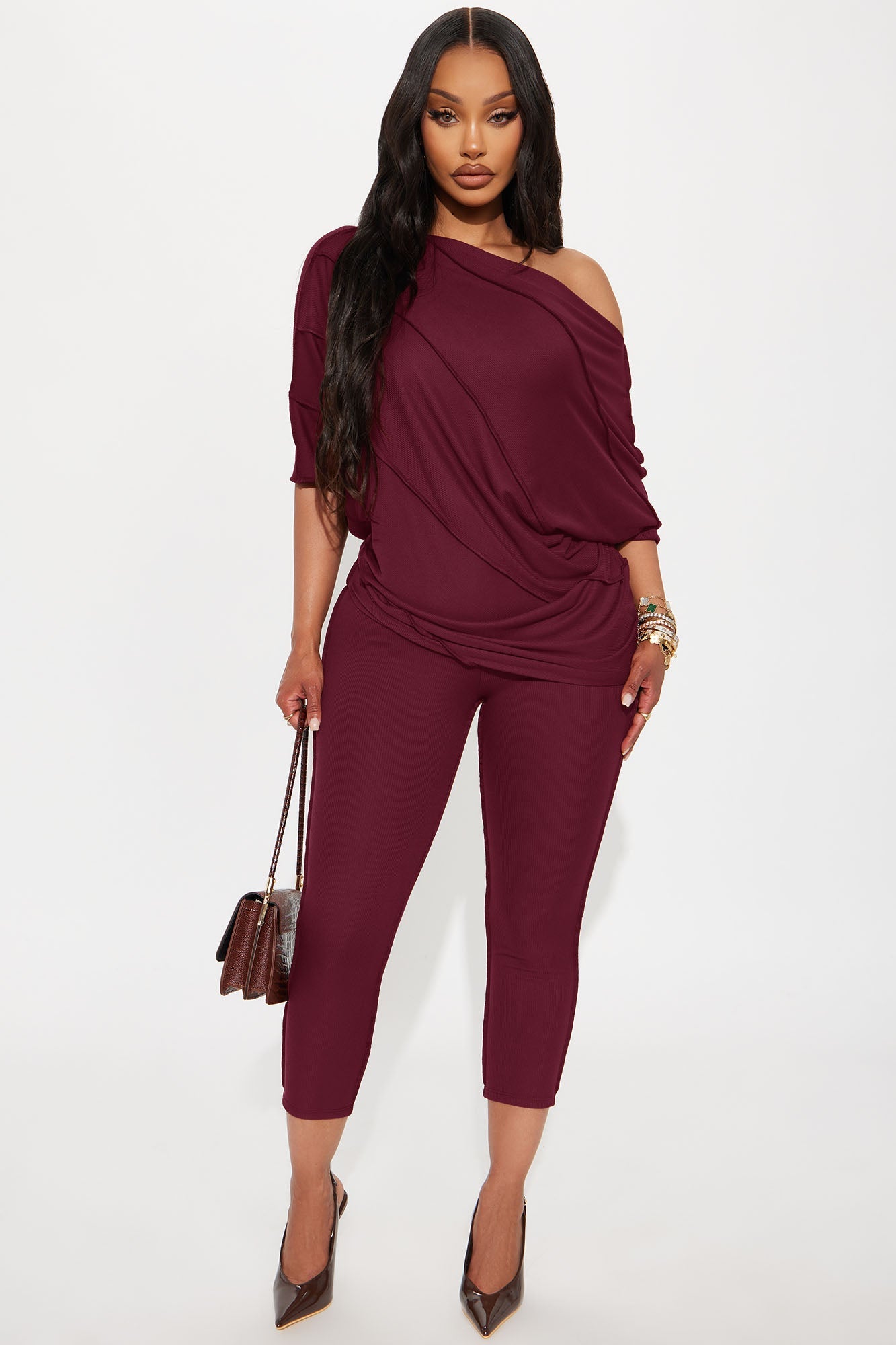 Becca Off Shoulder Ribbed Pant Set - Burgundy