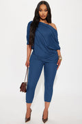Becca Off Shoulder Ribbed Pant Set - Denim
