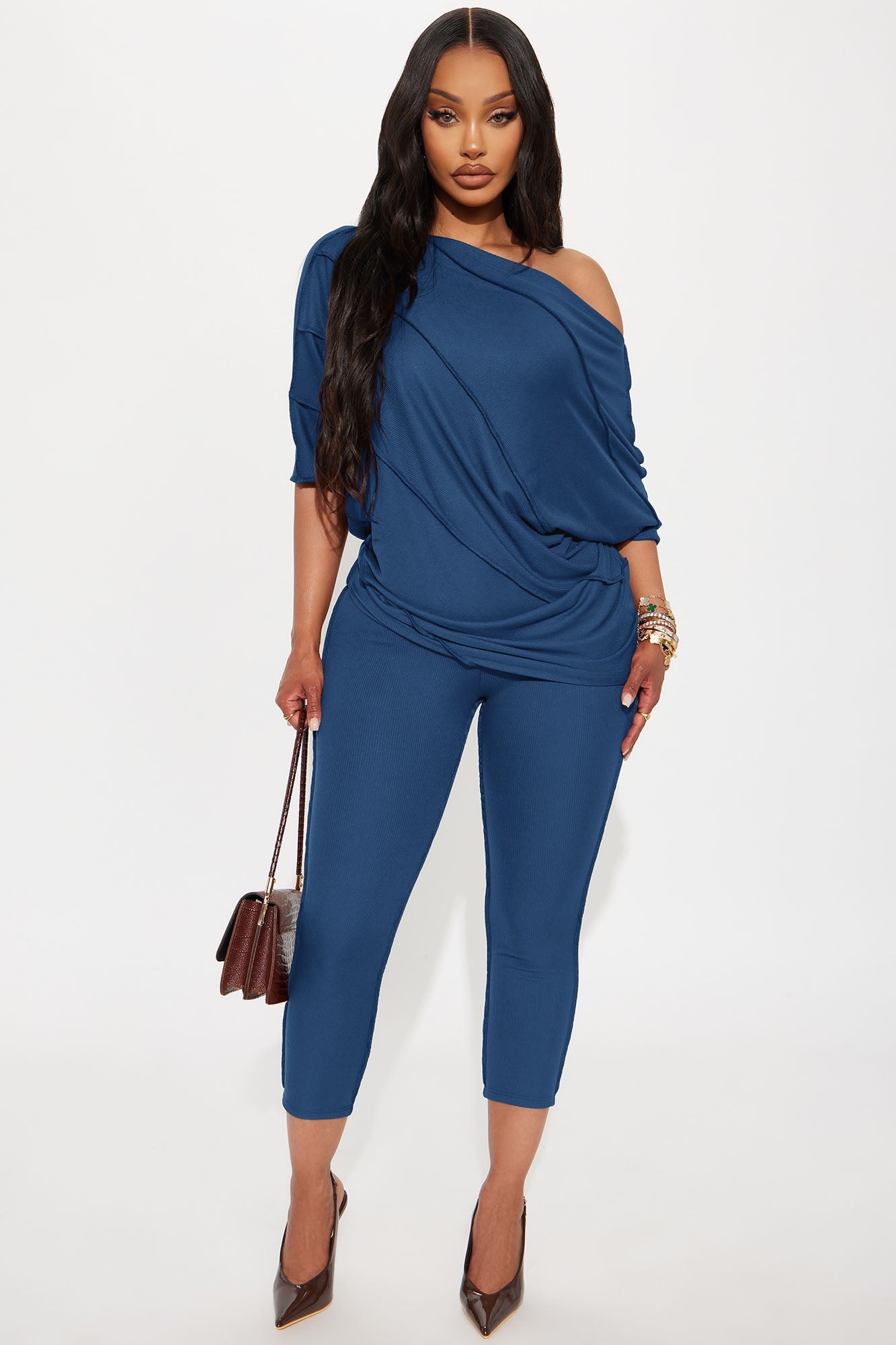 Becca Off Shoulder Ribbed Pant Set - Denim