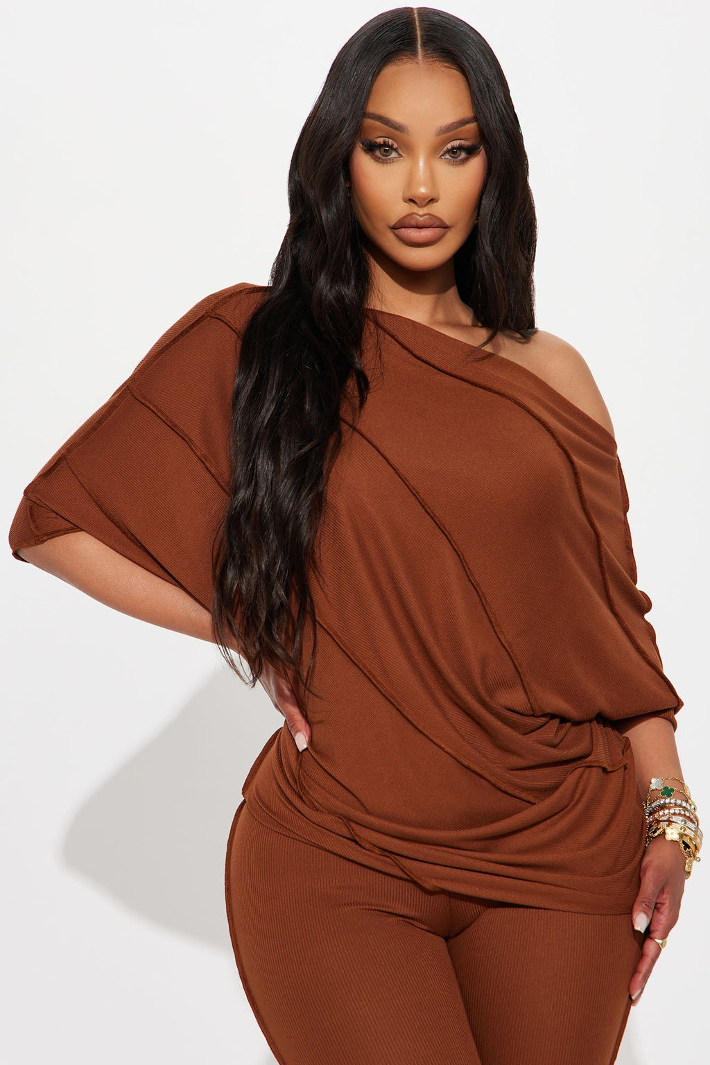 Becca Off Shoulder Ribbed Pant Set - Mocha