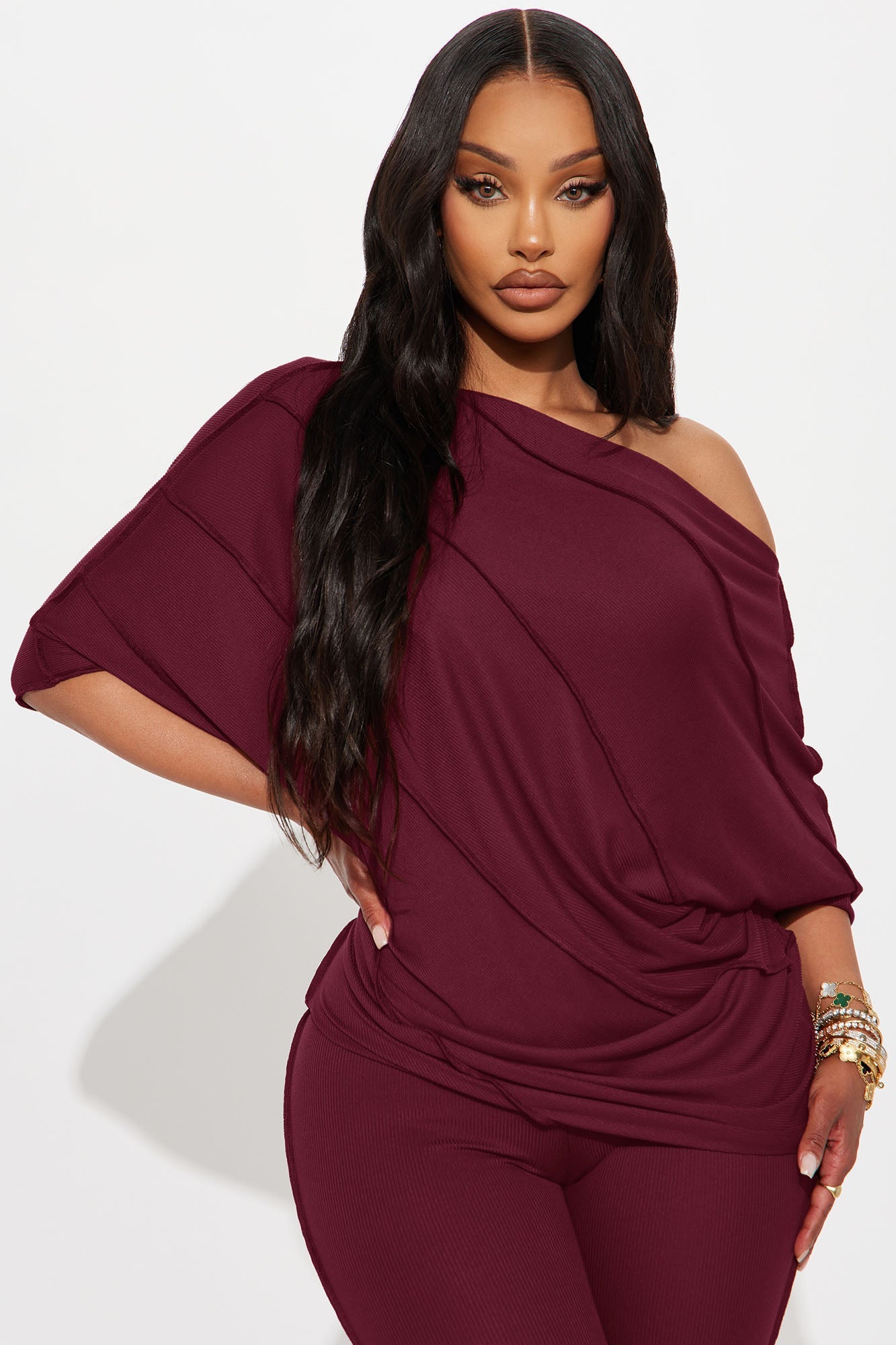 Becca Off Shoulder Ribbed Pant Set - Burgundy
