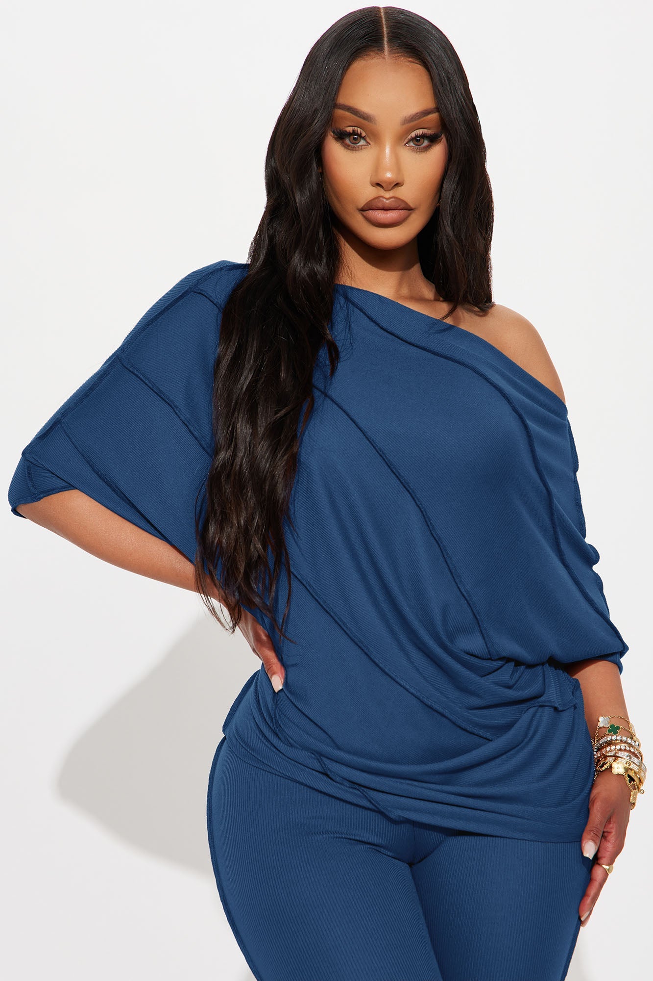 Becca Off Shoulder Ribbed Pant Set - Denim
