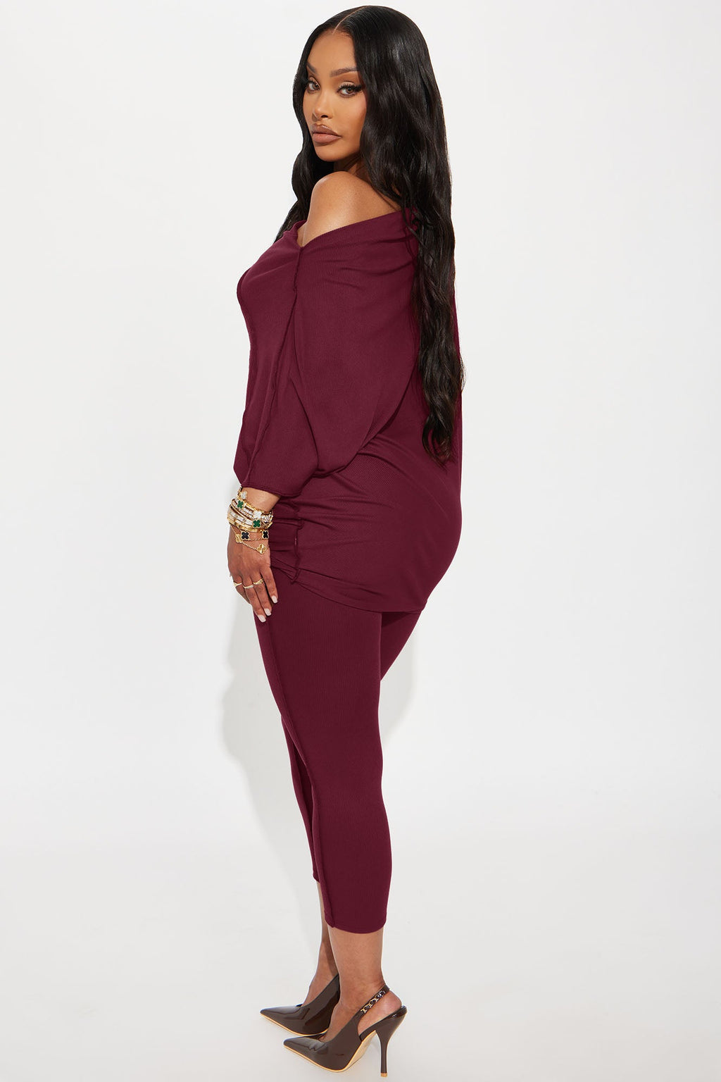 Becca Off Shoulder Ribbed Pant Set - Burgundy