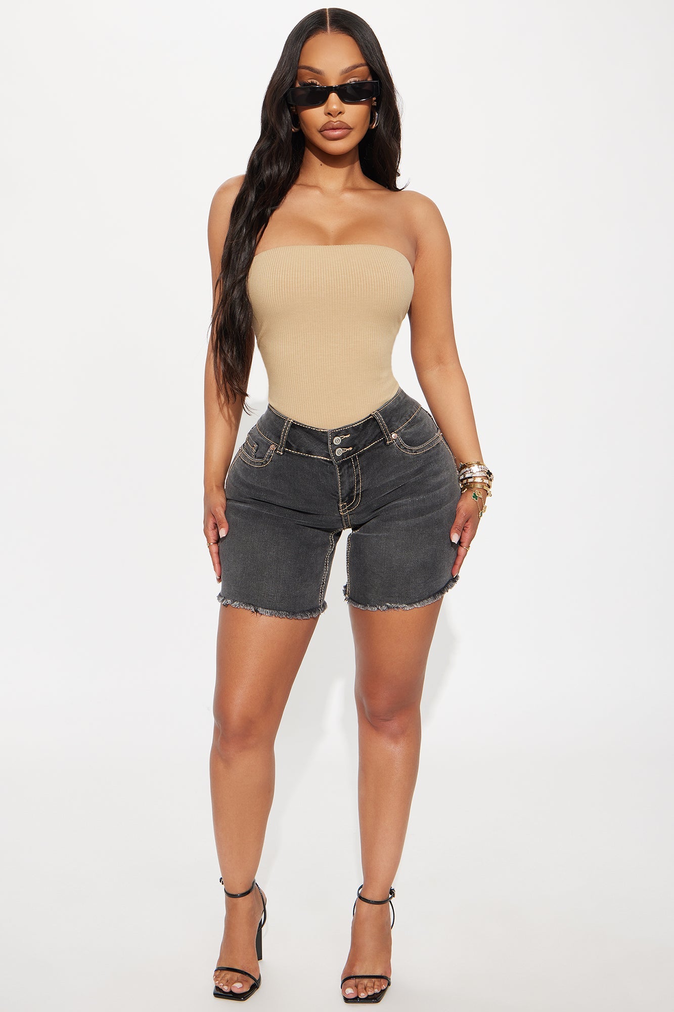 Line Dance Denim Bermuda Shorts - Grey