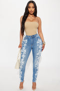 Late Bloomer Printed High Waist Skinny Jeans - Medium Wash