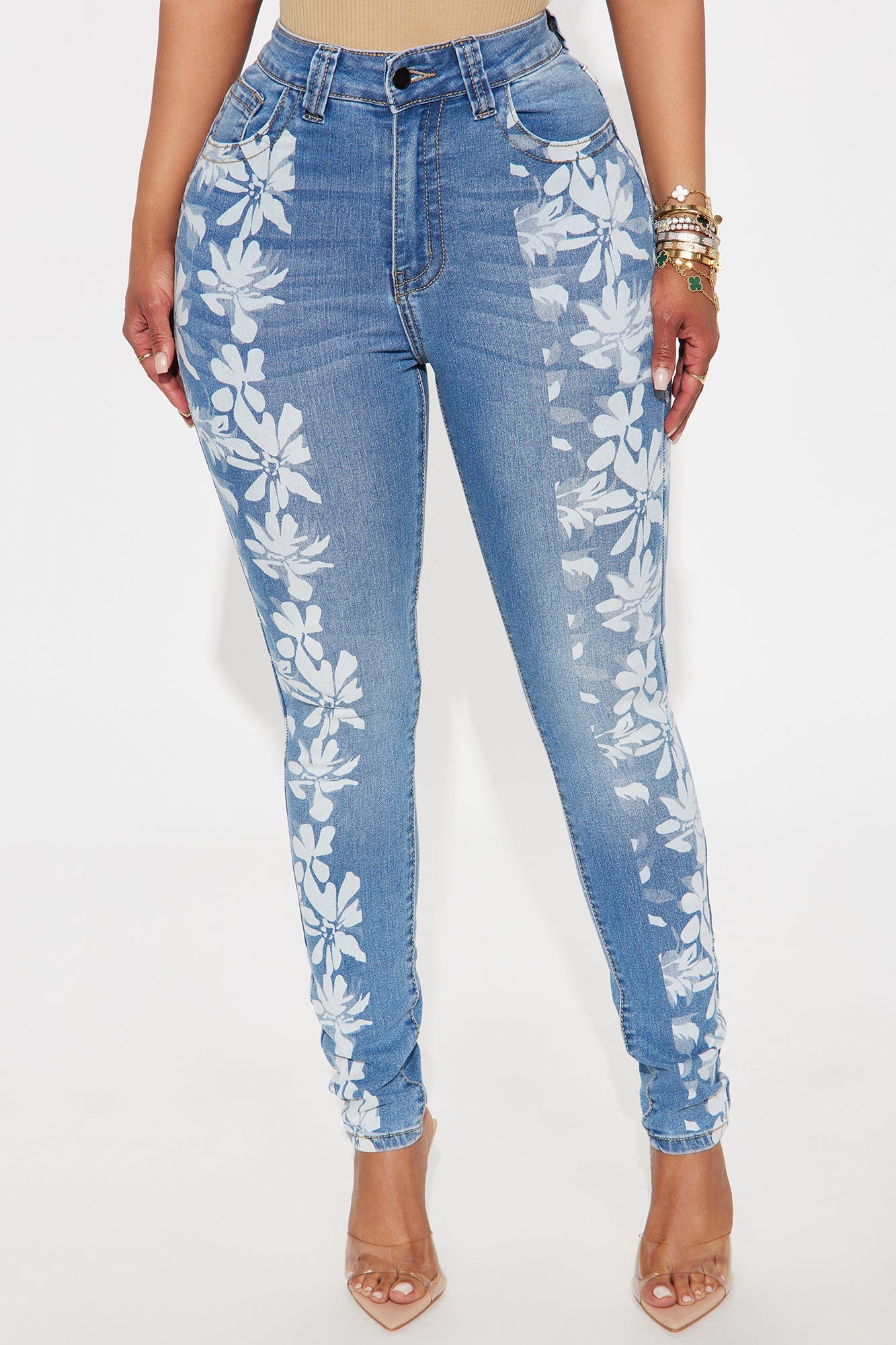 Late Bloomer Printed High Waist Skinny Jeans - Medium Wash