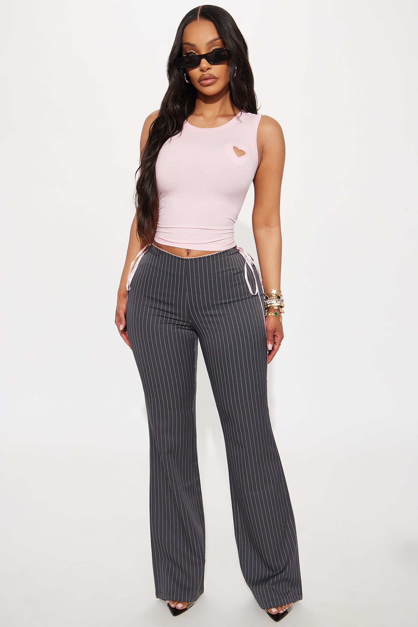 Sweet And Sassy Lace Up Pinstripe Flare Pant - Charcoal