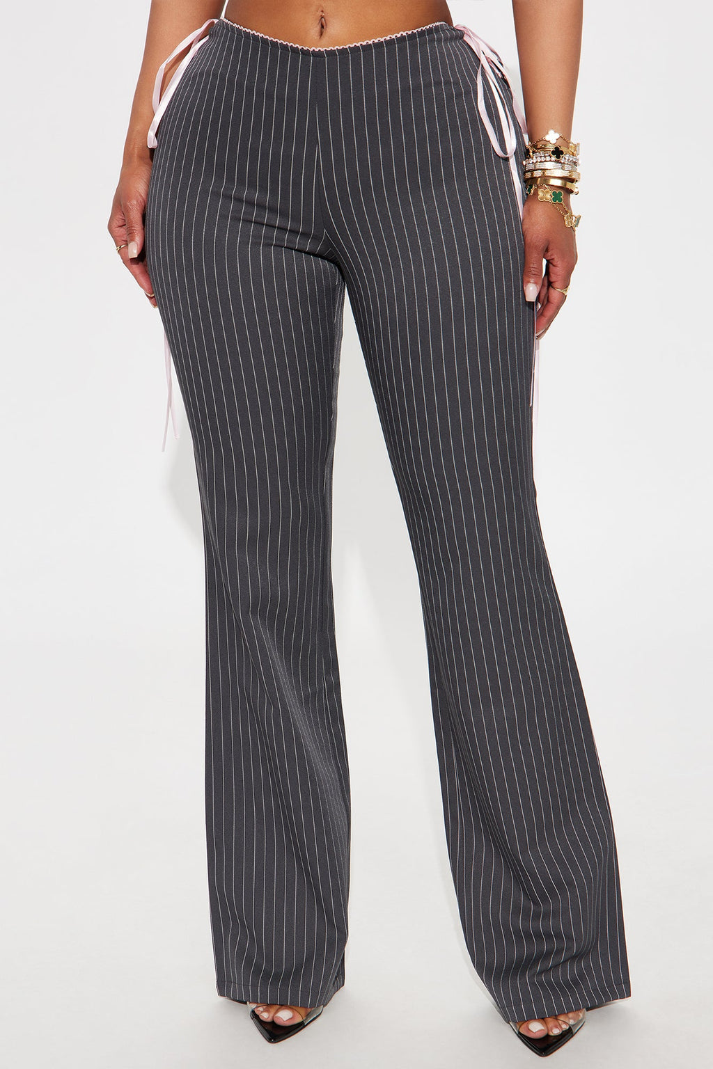Sweet And Sassy Lace Up Pinstripe Flare Pant - Charcoal