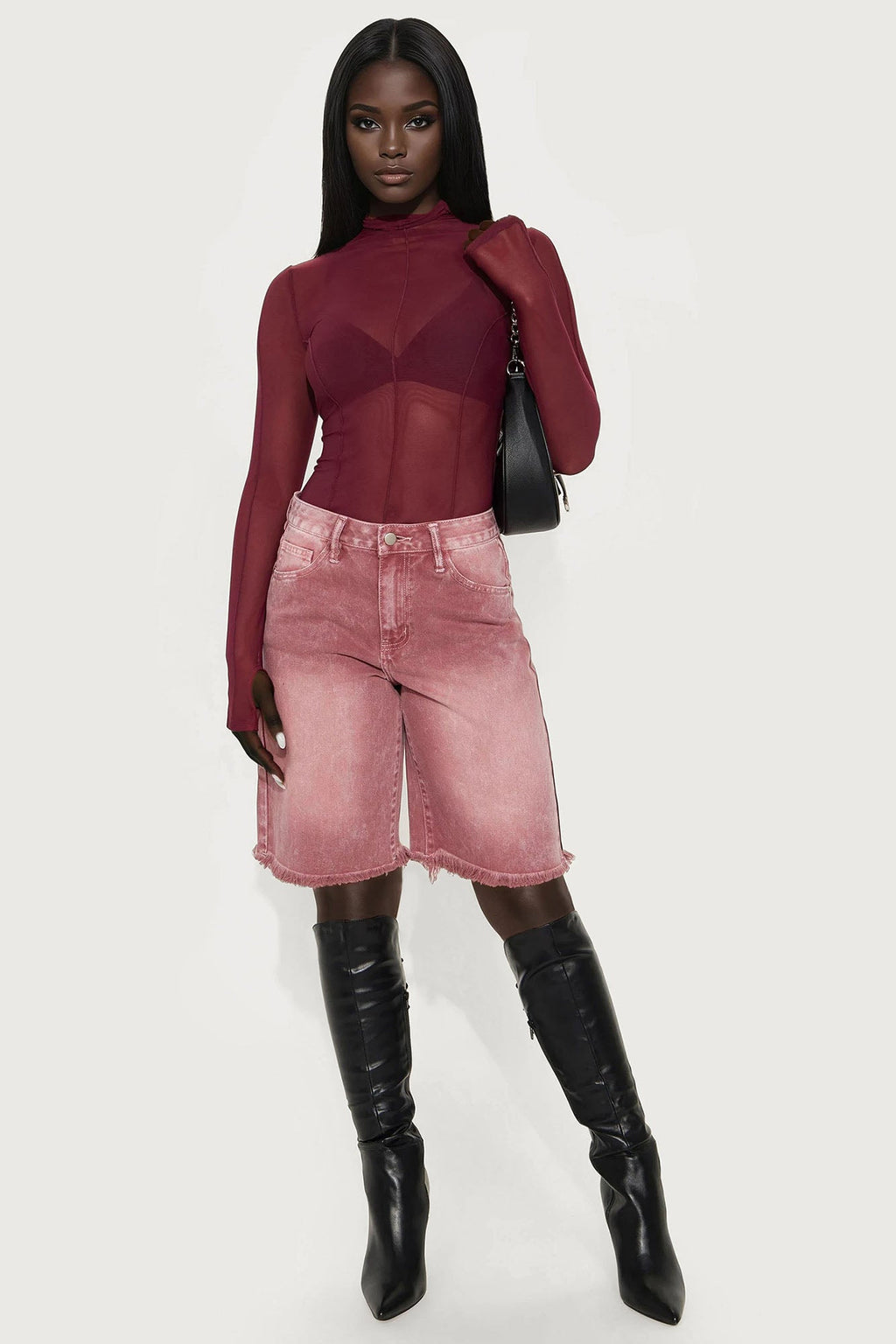 Come A Long Way Baggy Denim Jorts - Burgundy