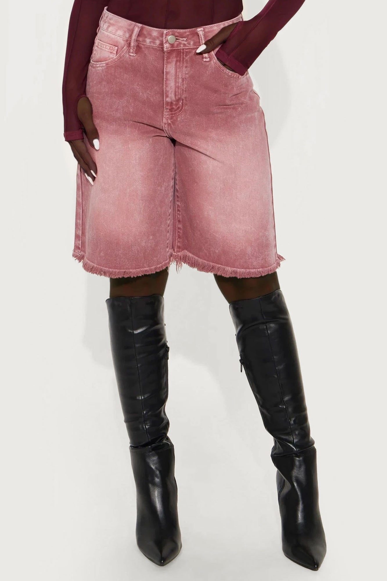 Come A Long Way Baggy Denim Jorts - Burgundy