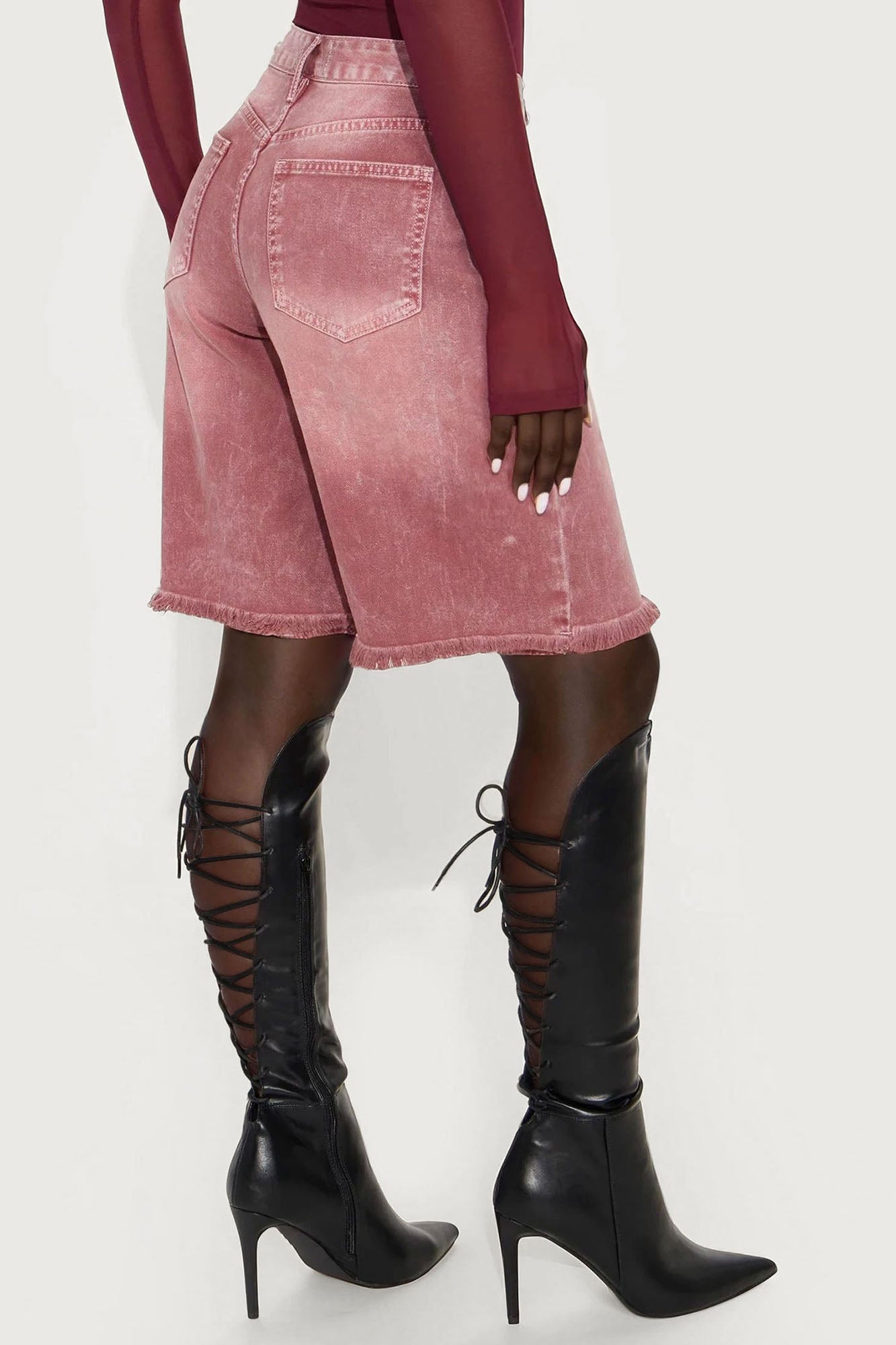 Come A Long Way Baggy Denim Jorts - Burgundy