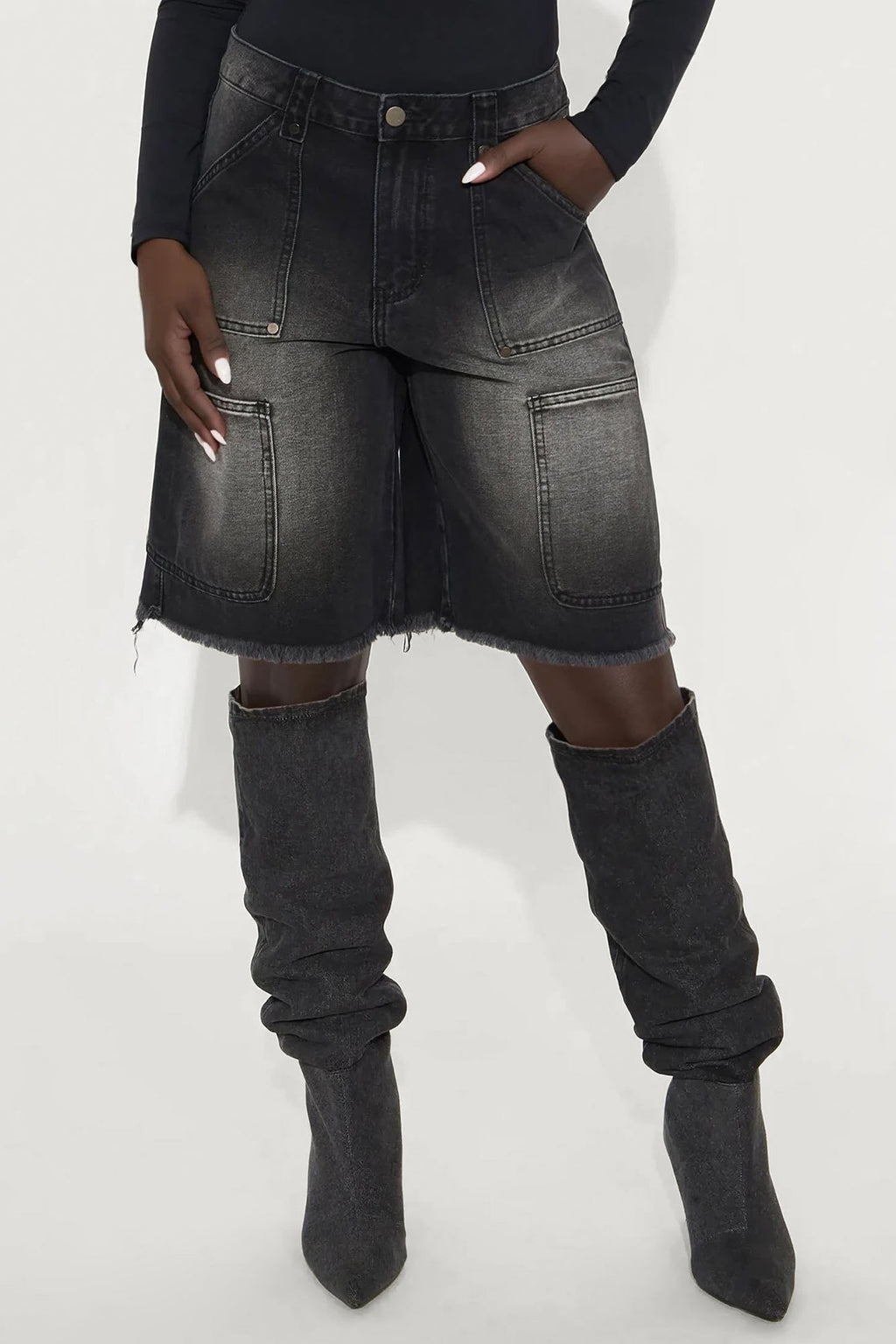 Out Of Your Way Utility Denim Jorts - Black Wash