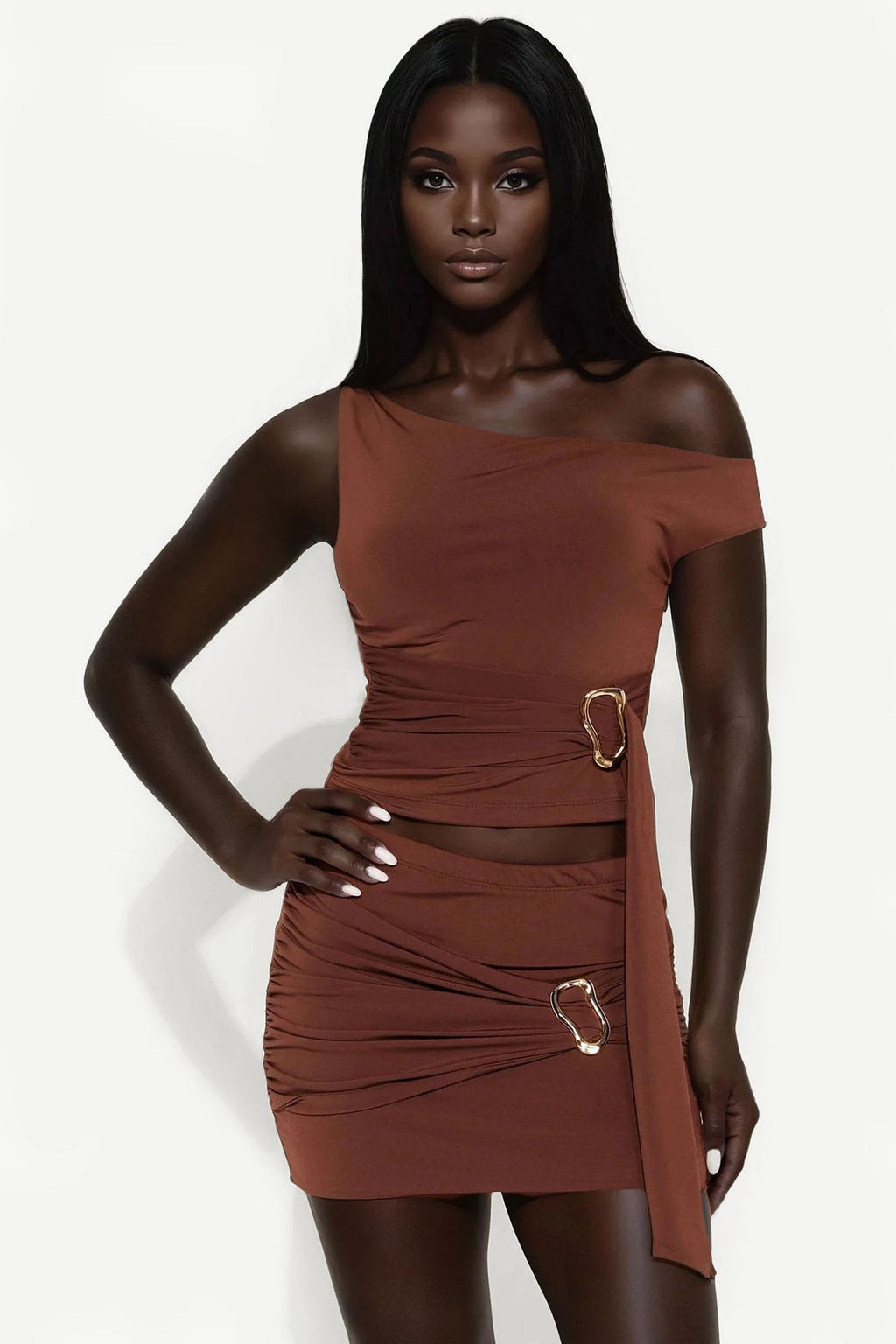 Diosa Venezia Off Shoulder Mini Skirt Set - Brown