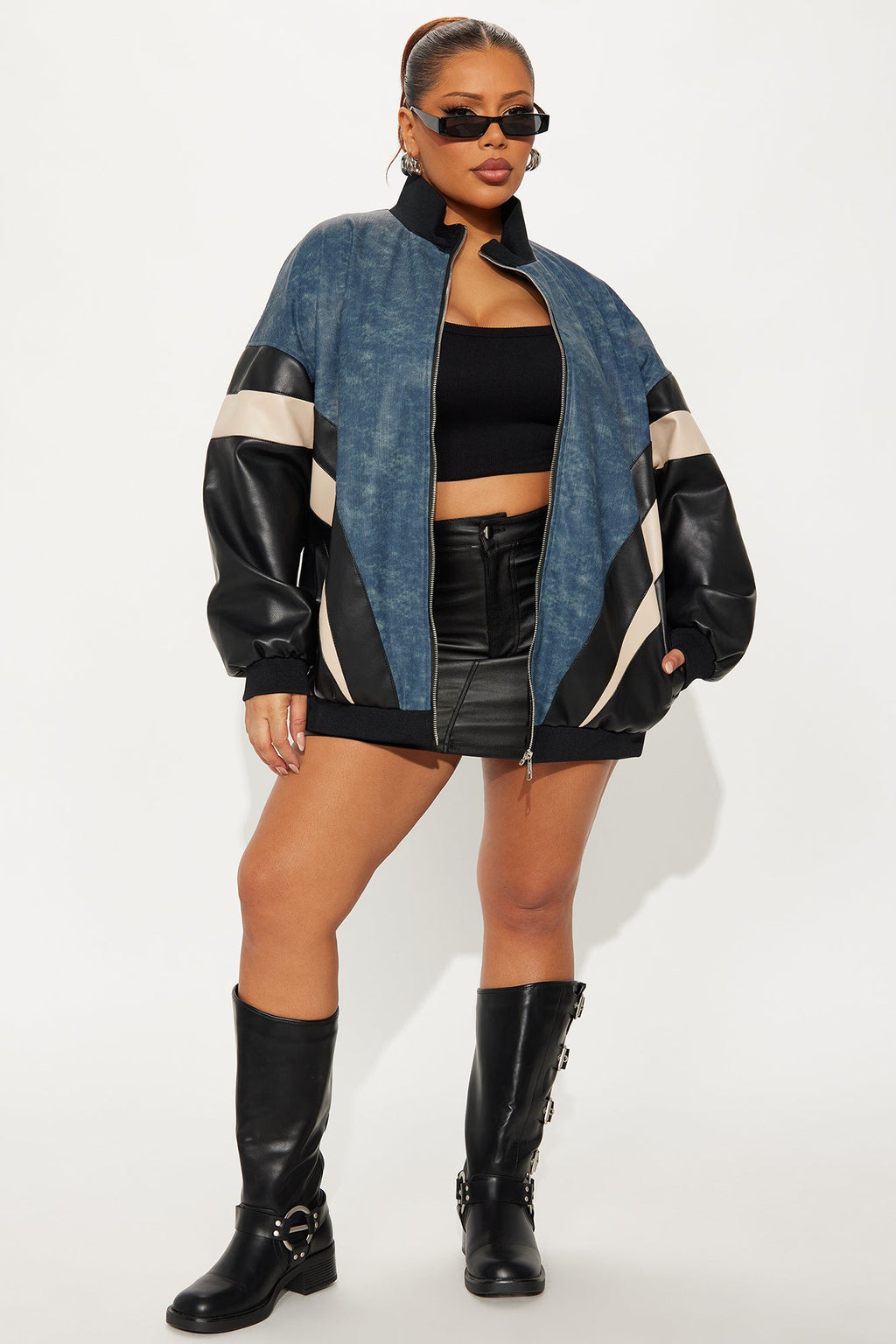 Jaded Oversized Faux Leather Bomber Jacket - Navy/combo