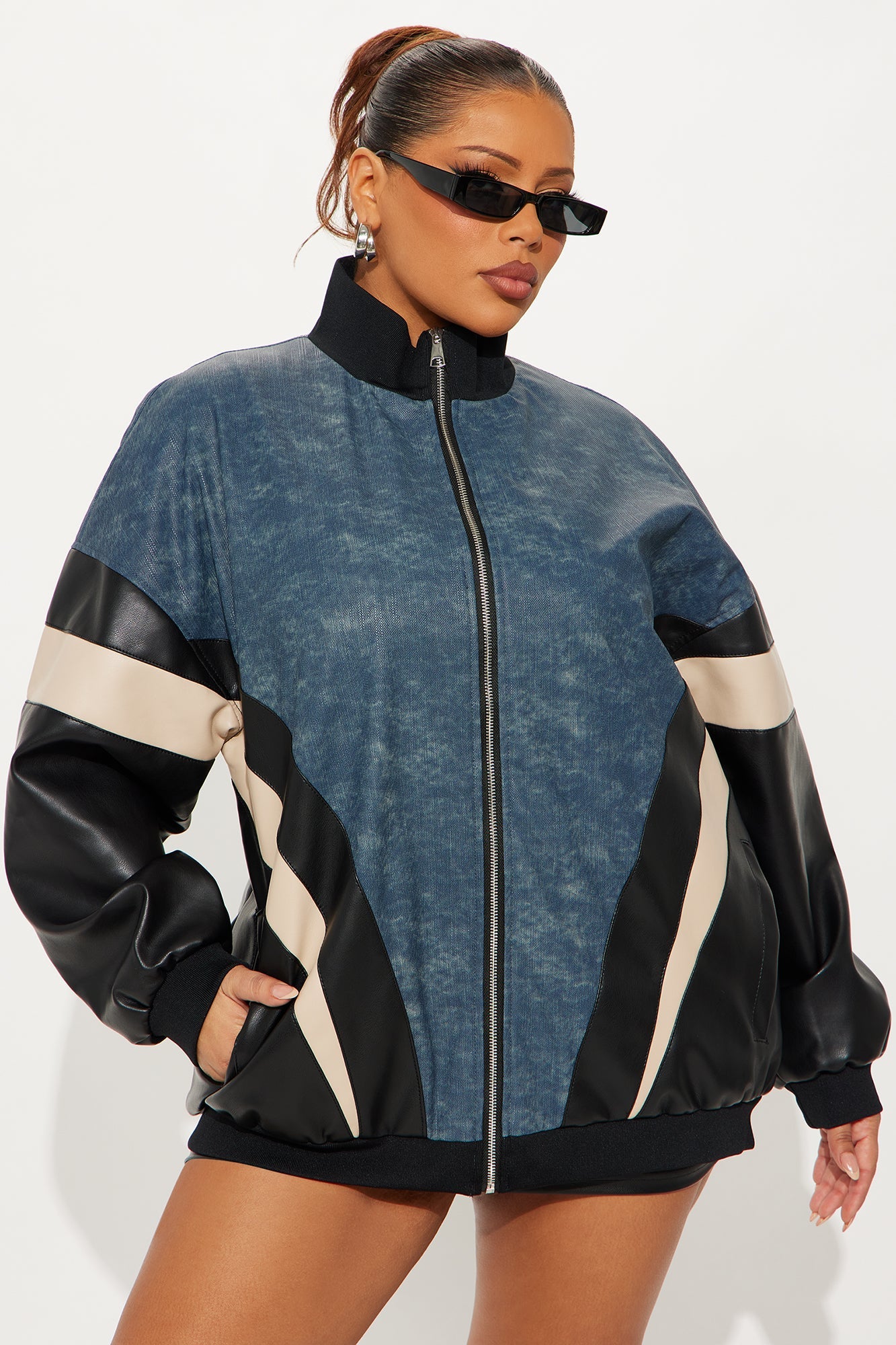 Jaded Oversized Faux Leather Bomber Jacket - Navy/combo