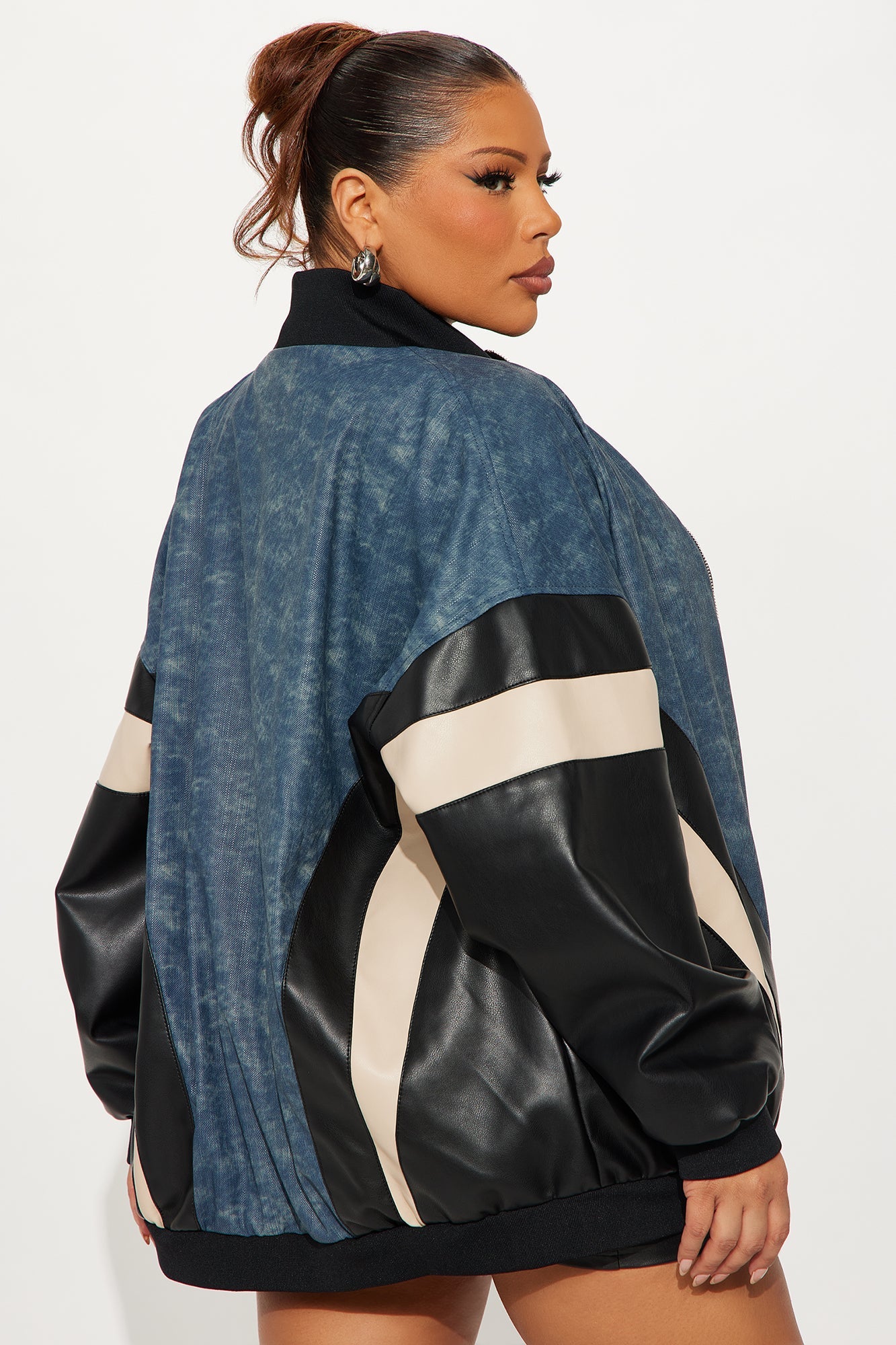 Jaded Oversized Faux Leather Bomber Jacket - Navy/combo