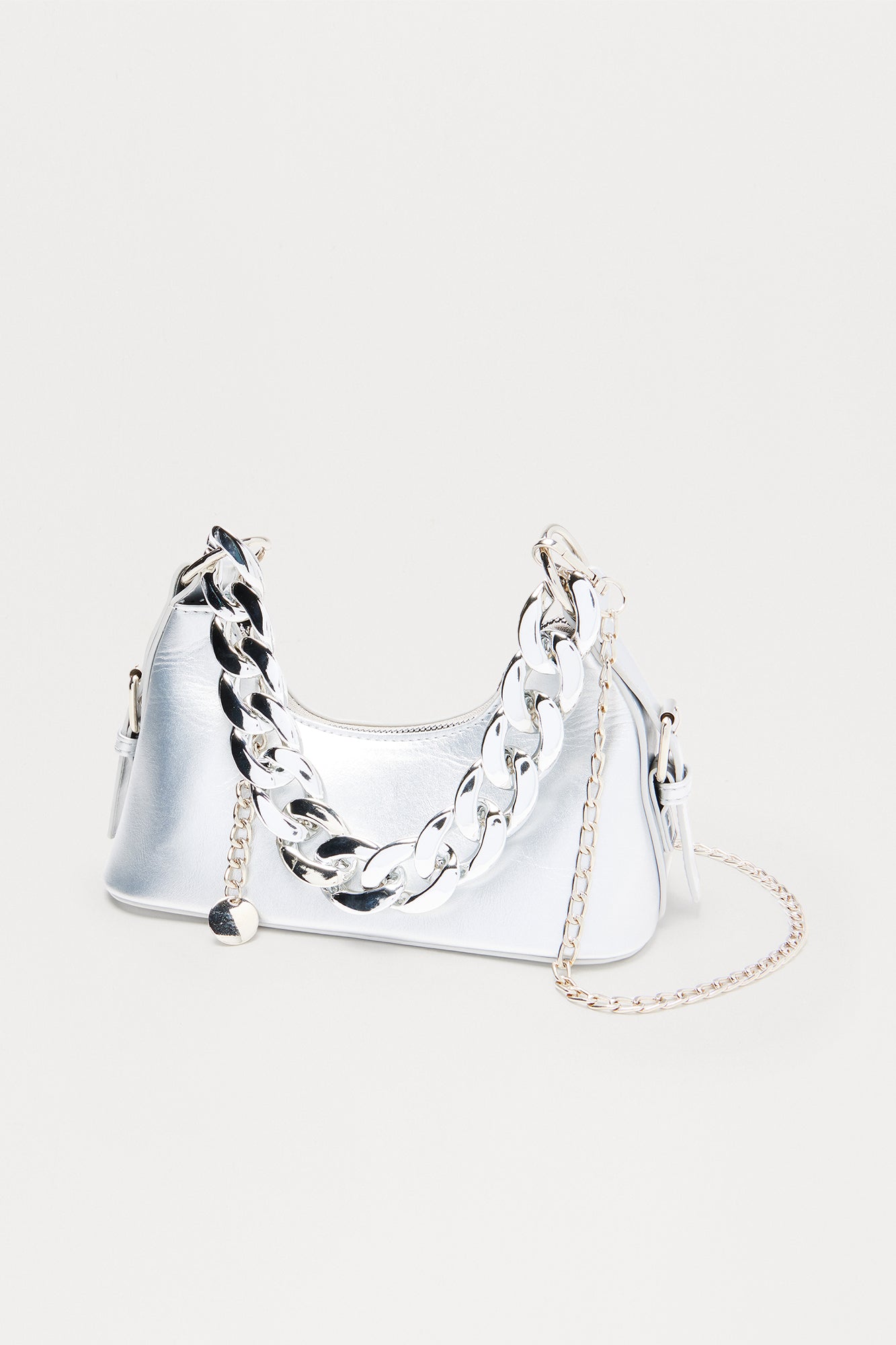 Chained Siren Metallic Faux Leather Handbag - Silver