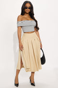 Standing On Business Pleated Midi Skirt - Khaki