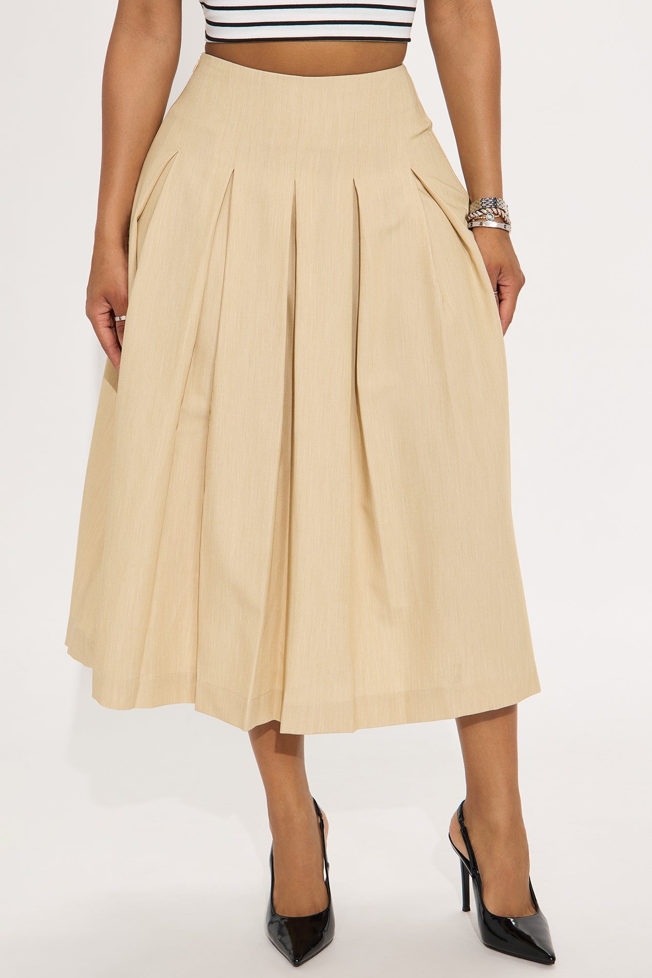 Standing On Business Pleated Midi Skirt - Khaki