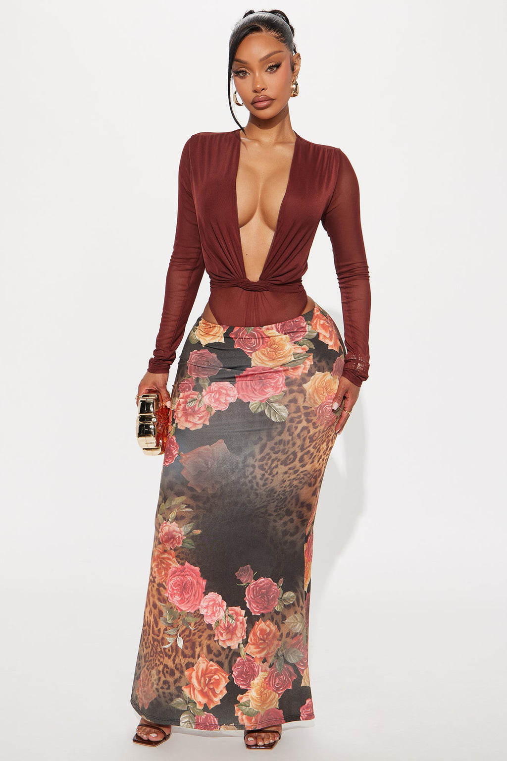 Stuck On You Leopard Floral Maxi Skirt - Brown/combo