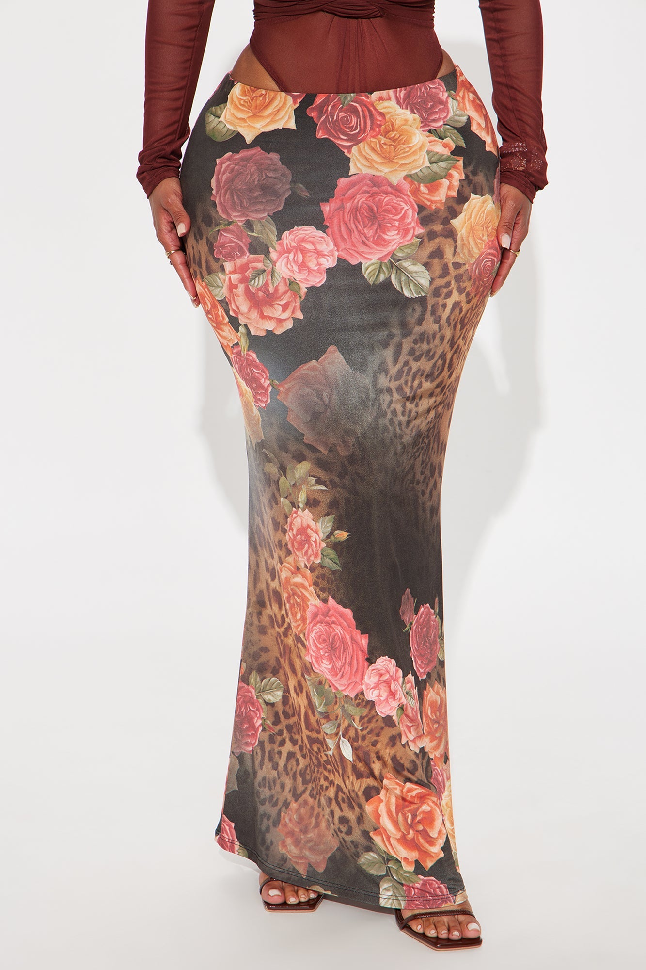 Stuck On You Leopard Floral Maxi Skirt - Brown/combo