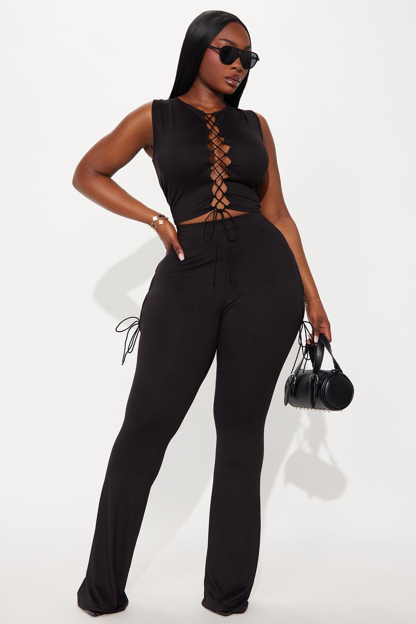 Emani Sleeveless Lace Up Flare Leg Pant Set - Black