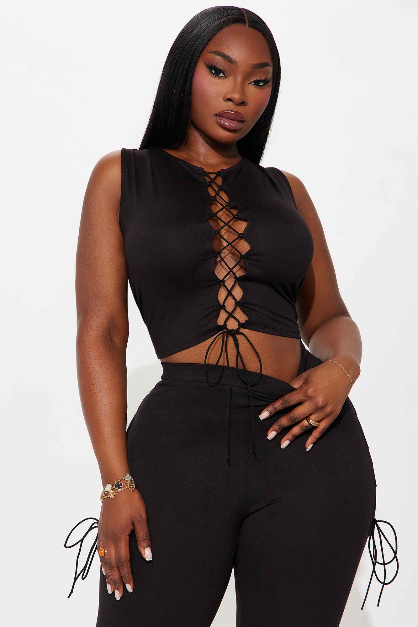 Emani Sleeveless Lace Up Flare Leg Pant Set - Black