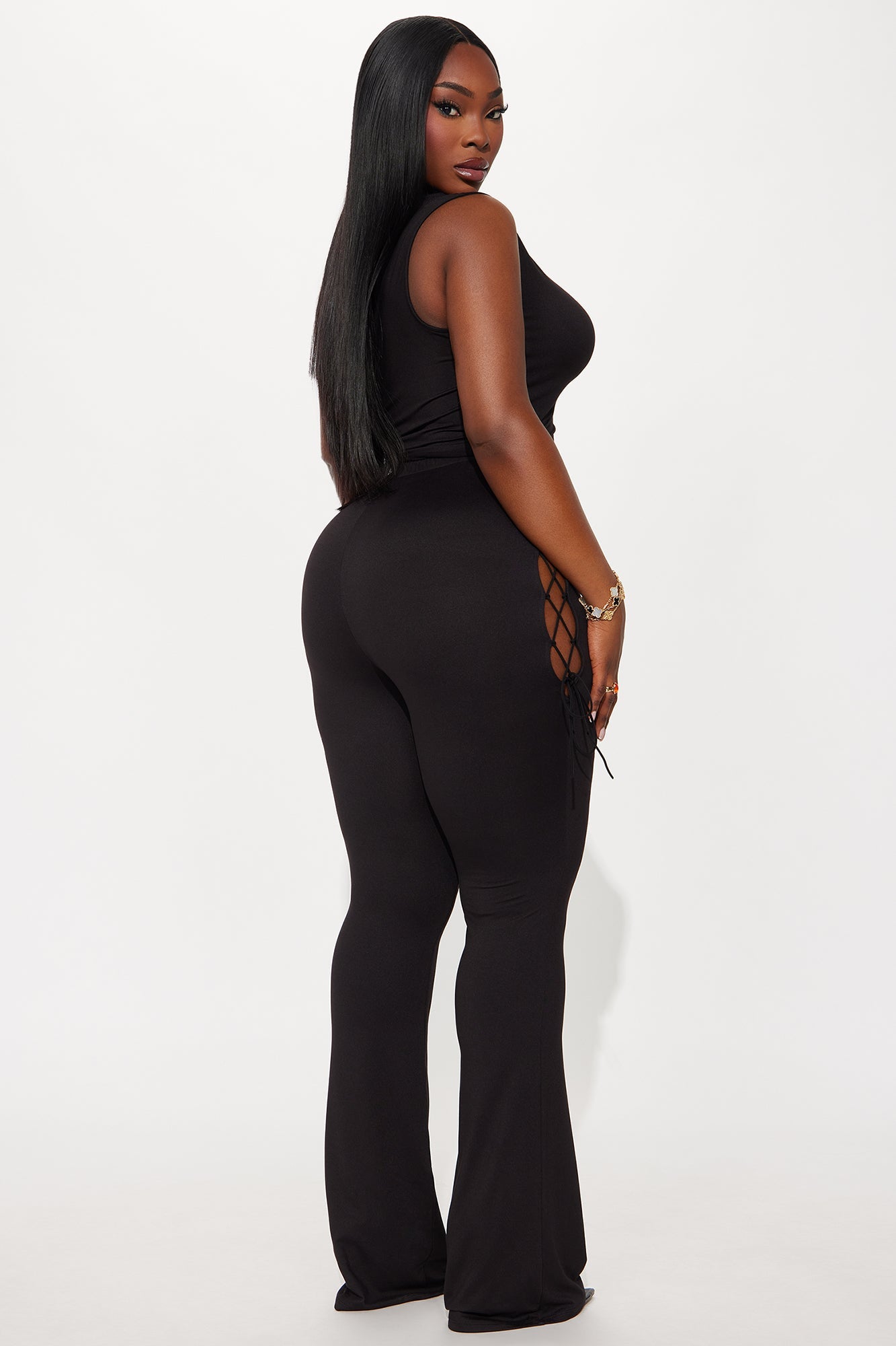 Emani Sleeveless Lace Up Flare Leg Pant Set - Black