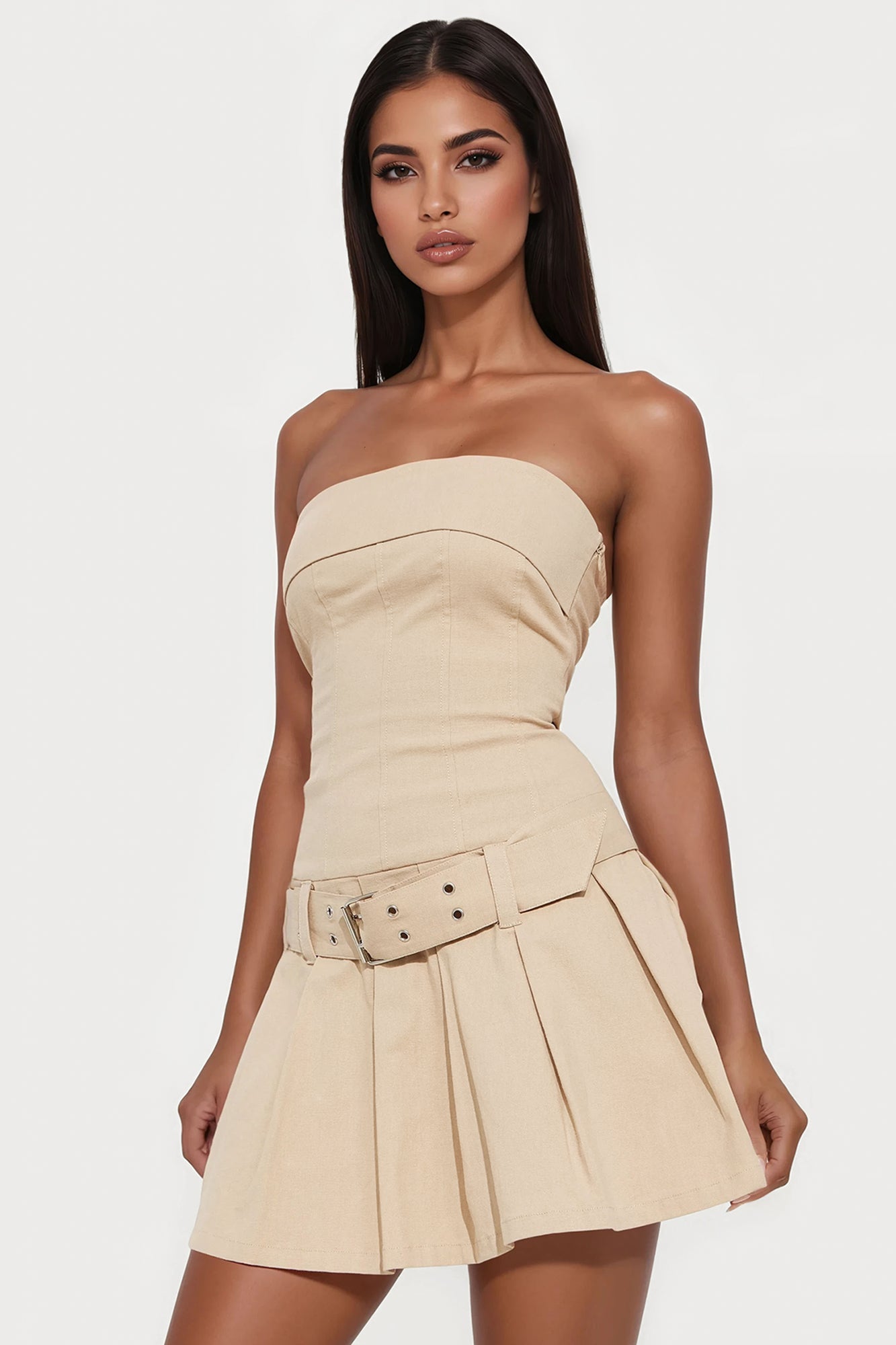Serena Pleated Mini Dress - Khaki