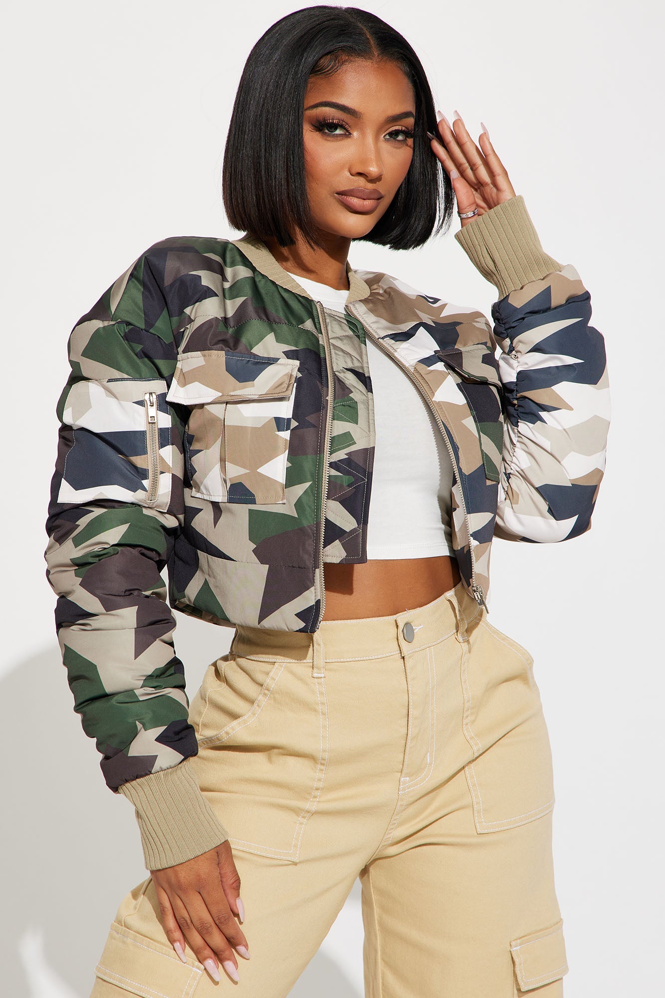 Kiara Abstract Camo Puffer Jacket - Olive/combo