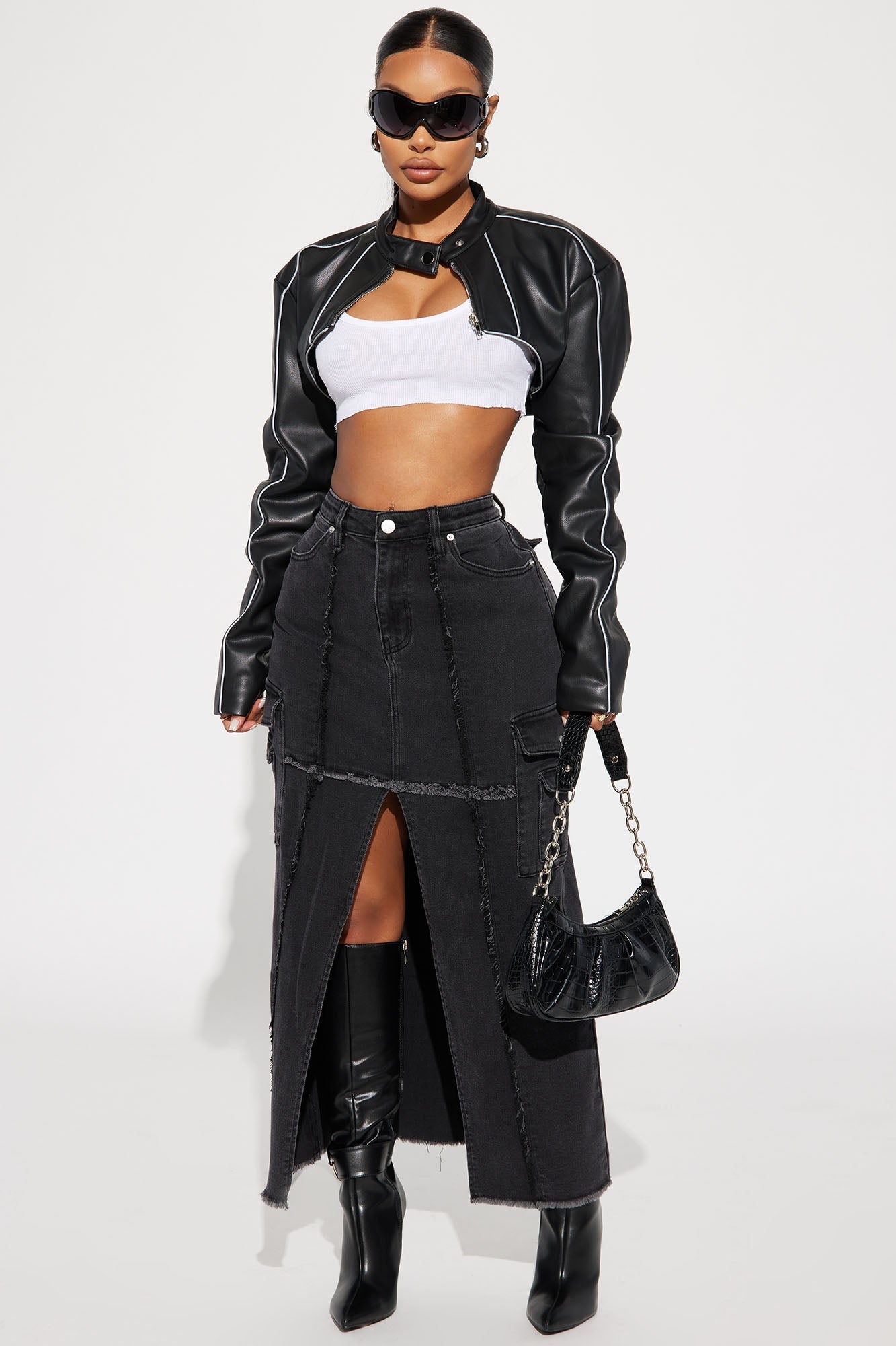 Jessie Faux Leather Cropped Bolero Jacket - Black