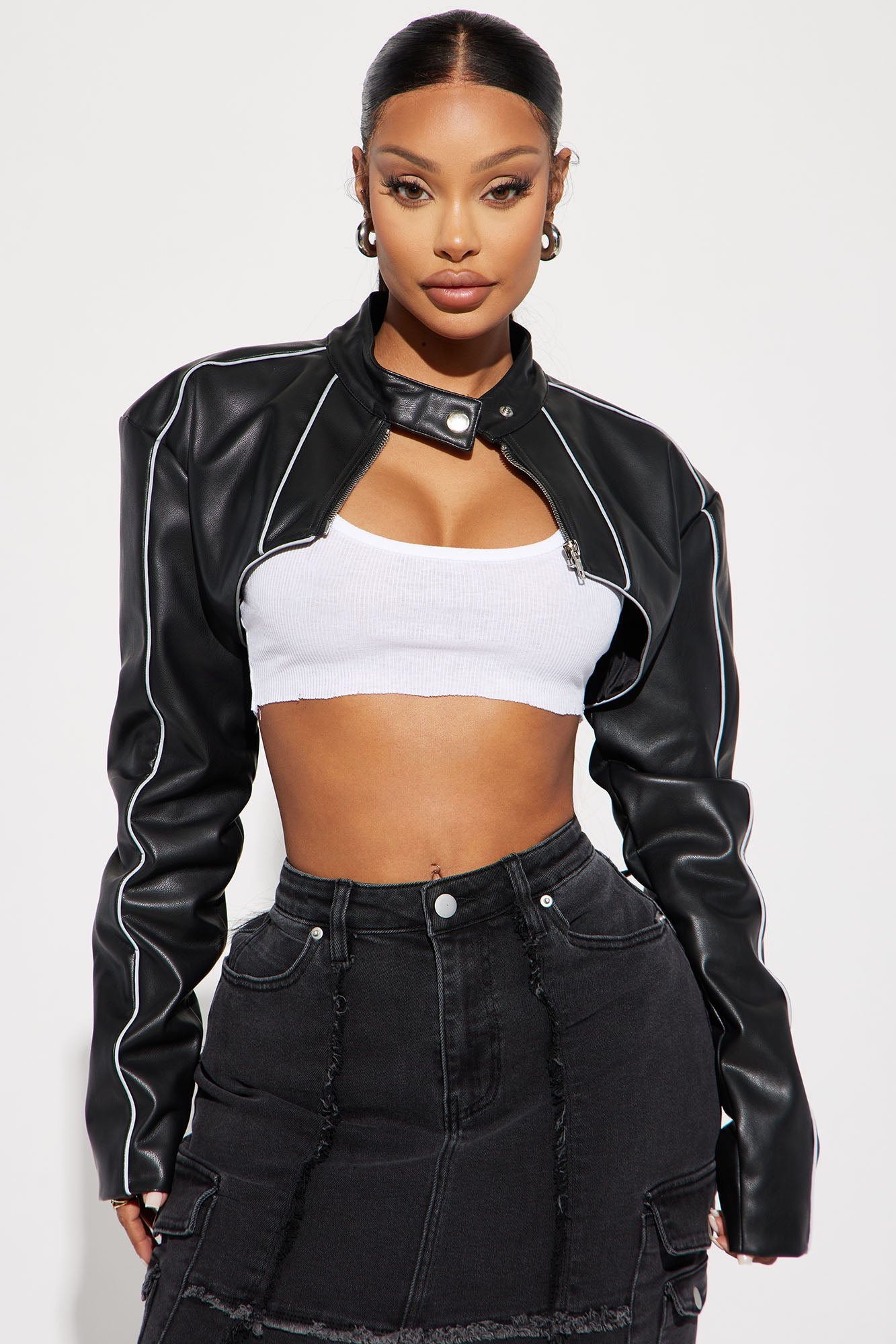 Jessie Faux Leather Cropped Bolero Jacket - Black