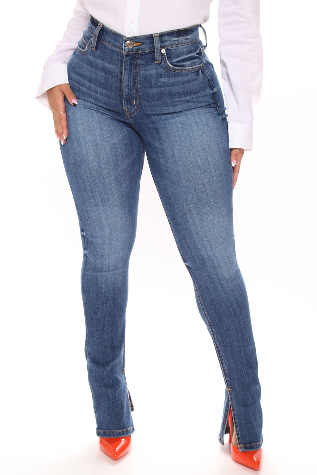 Get My Good Side Slit Premium Stretch Skinny Jeans - Medium Blue Wash