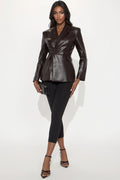 Myra Faux Leather Hourglass Blazer - Chocolate