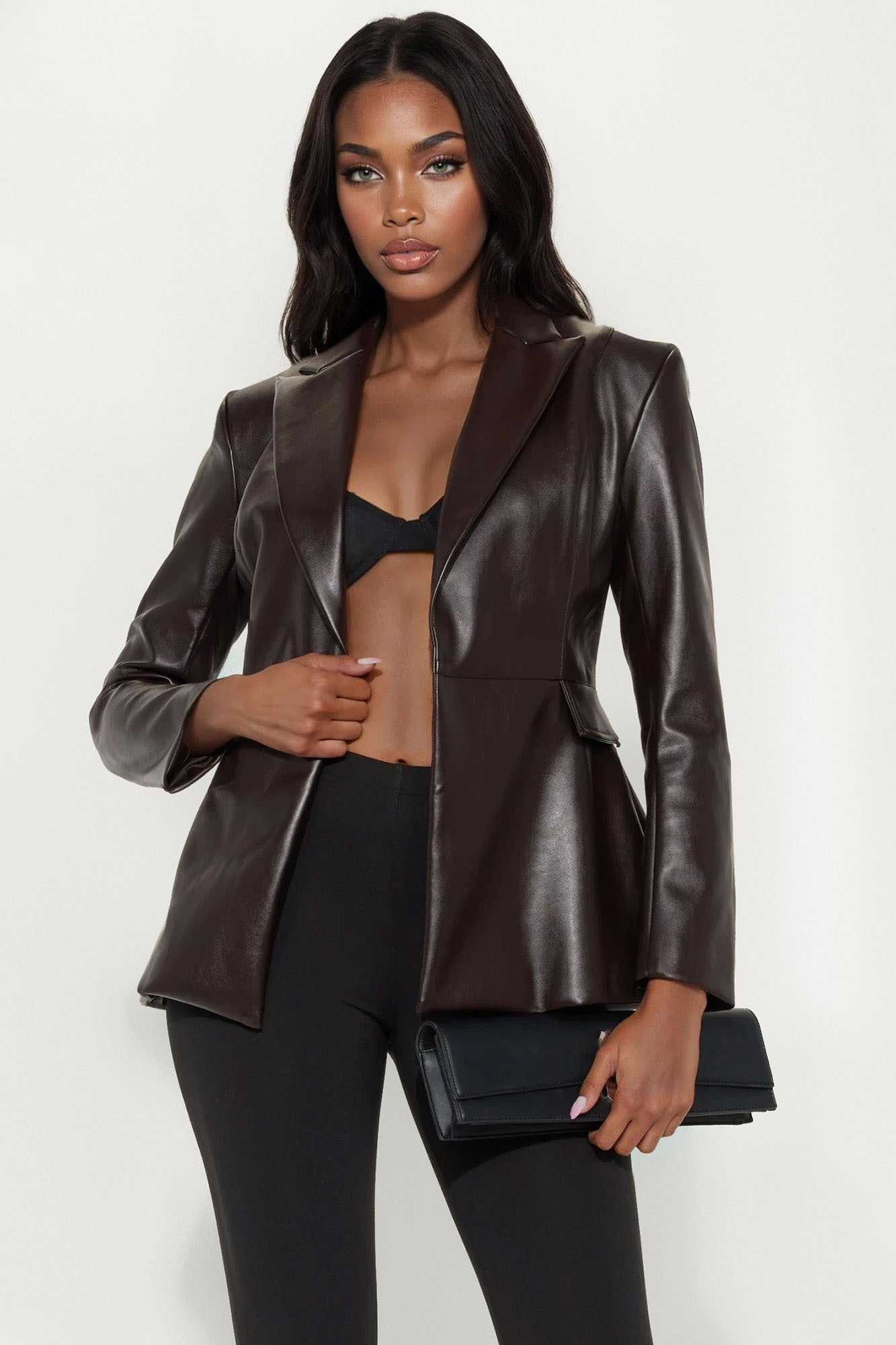 Myra Faux Leather Hourglass Blazer - Chocolate