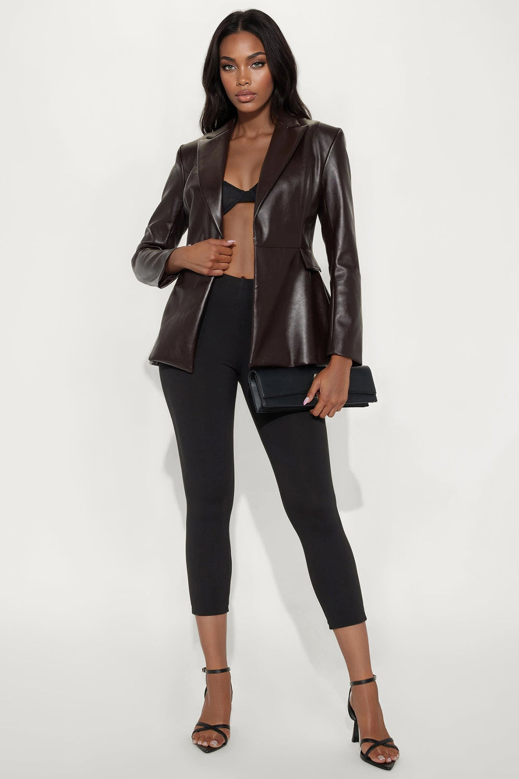 Myra Faux Leather Hourglass Blazer - Chocolate