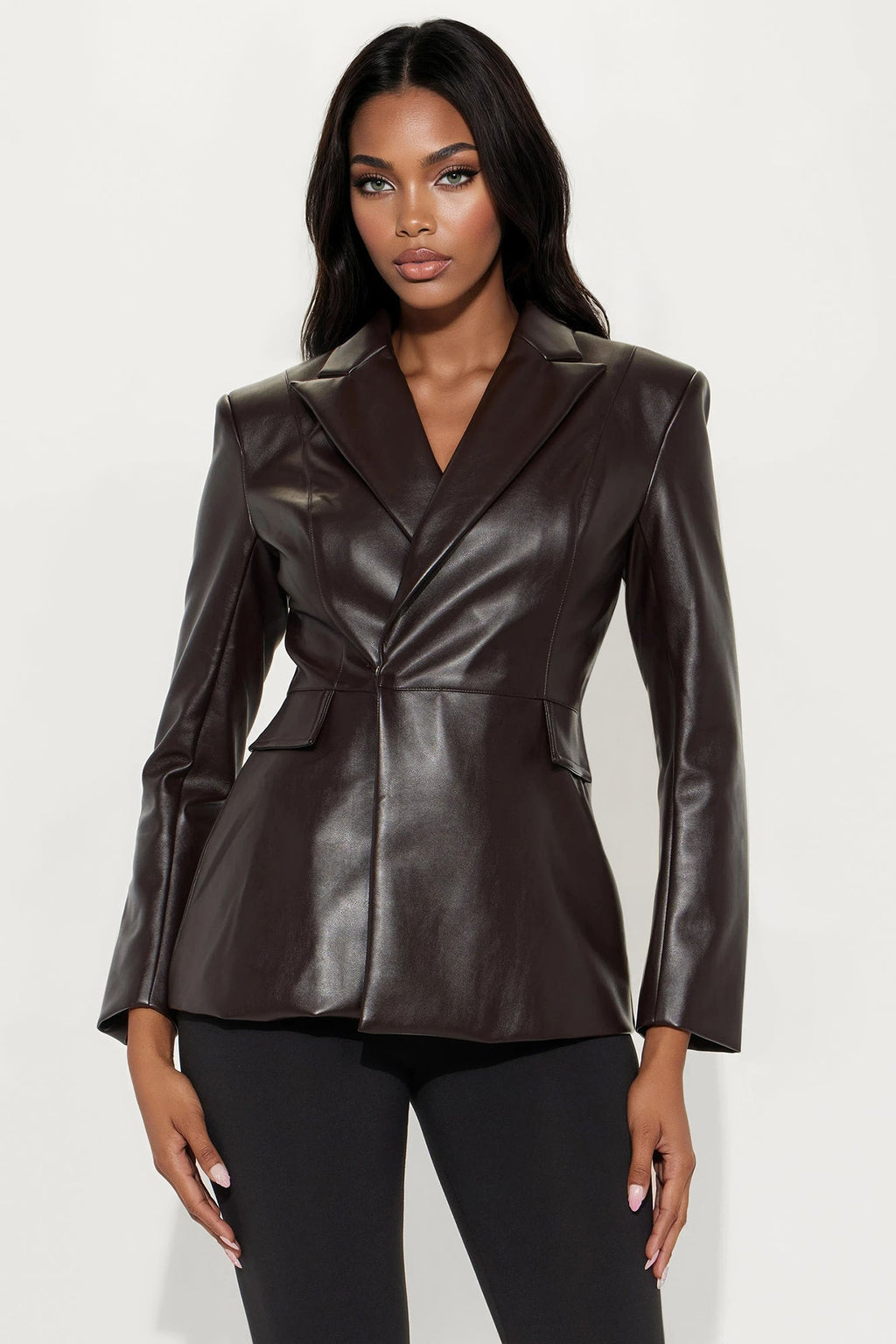 Myra Faux Leather Hourglass Blazer - Chocolate
