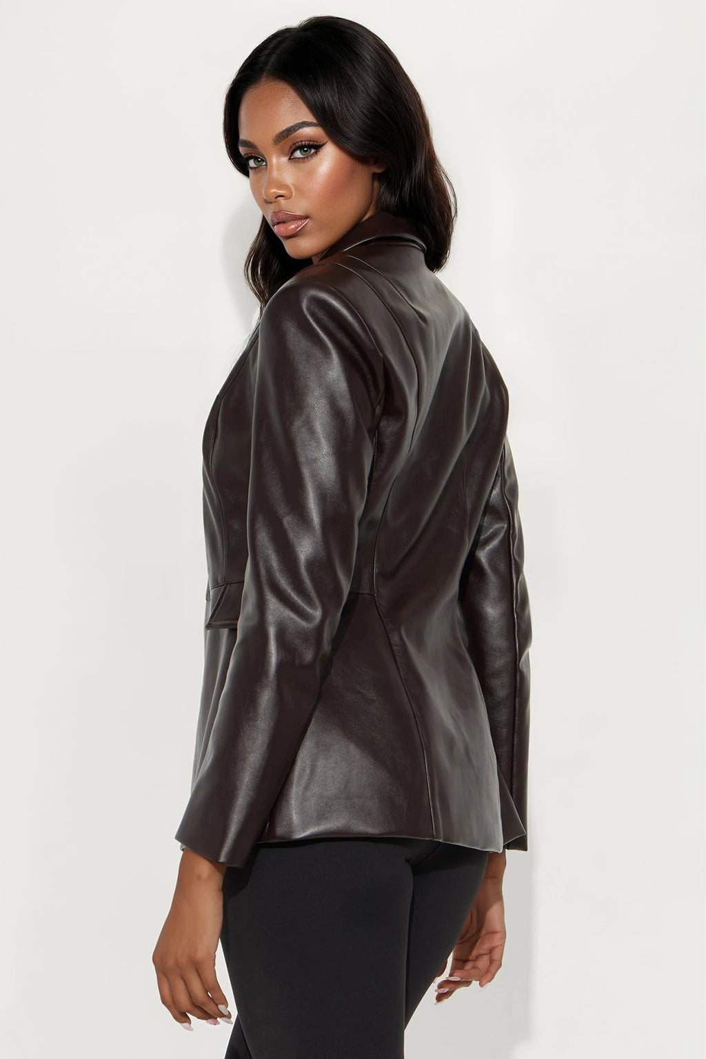Myra Faux Leather Hourglass Blazer - Chocolate
