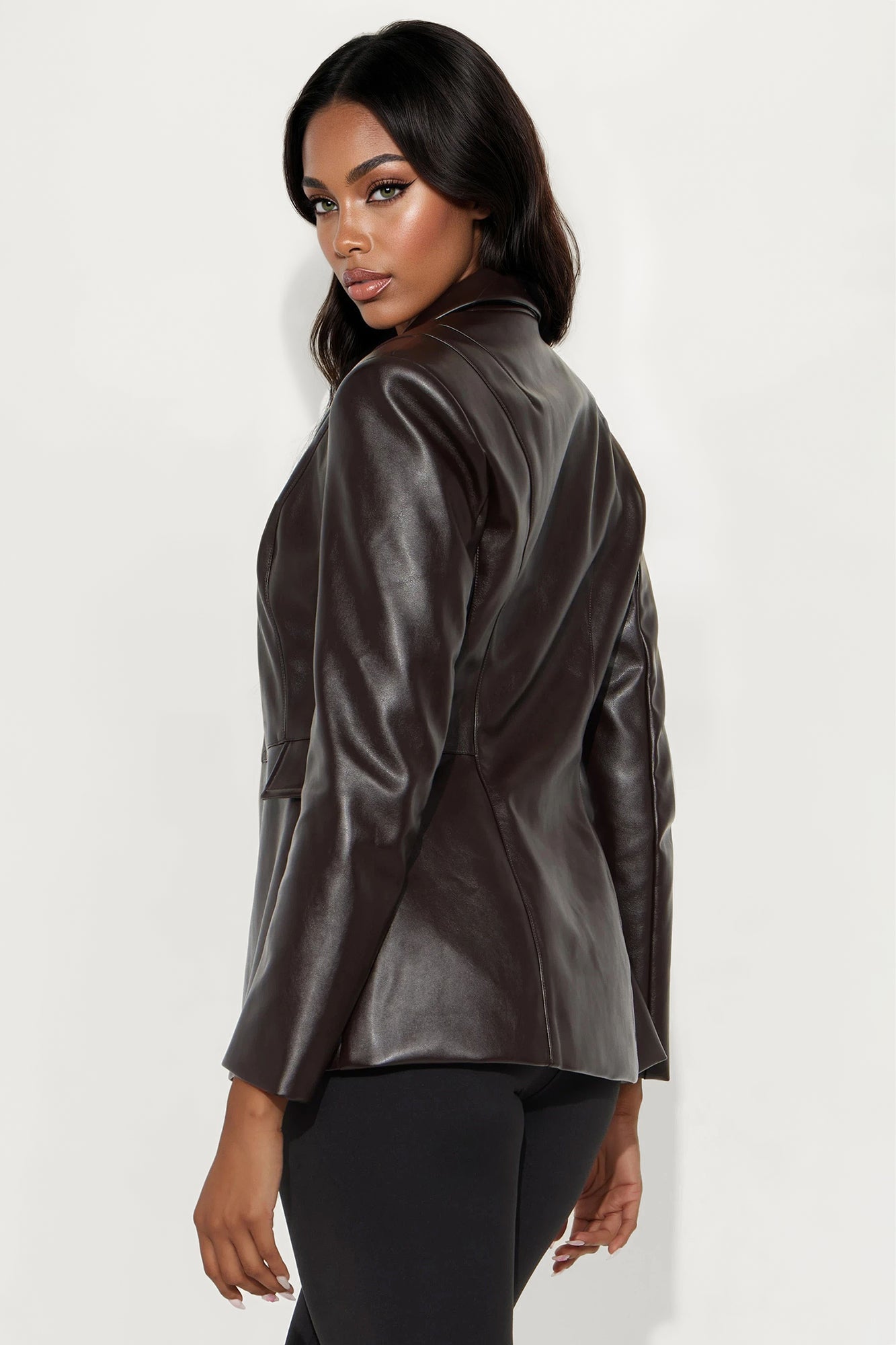 Myra Faux Leather Hourglass Blazer - Chocolate